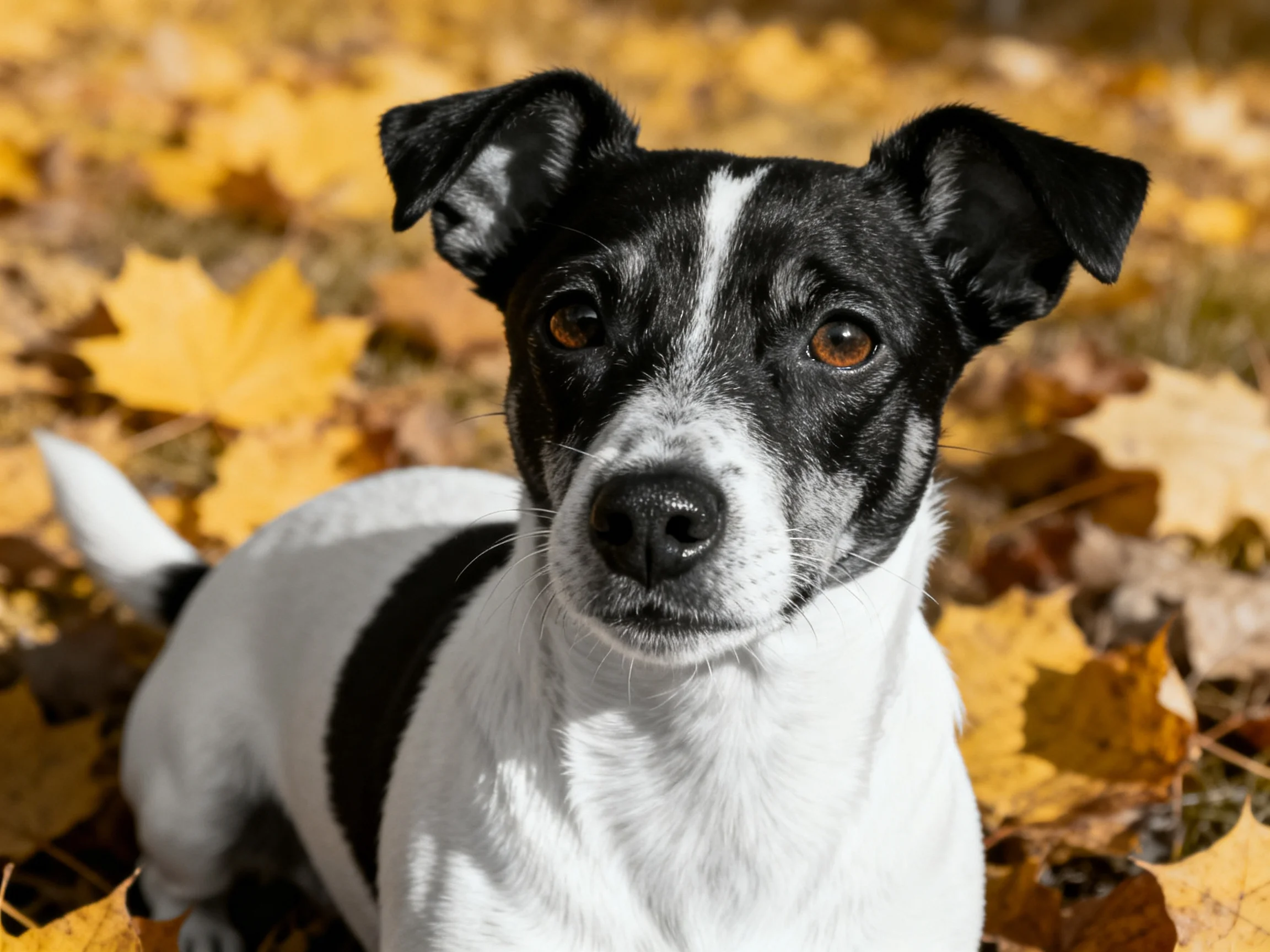 A black and white dog sits calmly among autumn leaves.