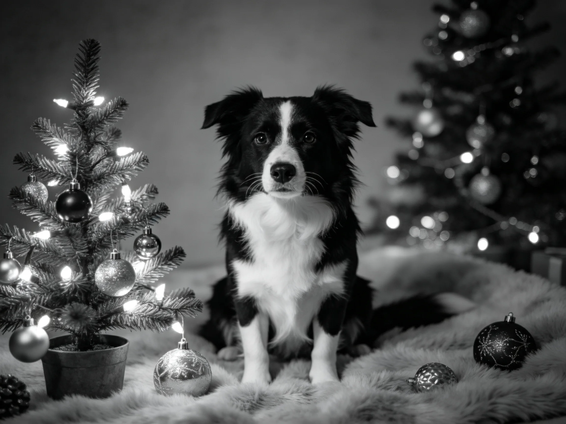 A black-and-white dog sits between two decorated Christmas trees with ornaments
