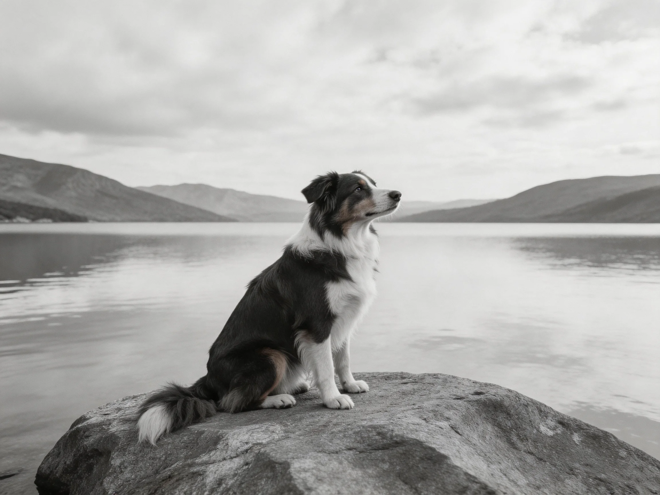 A black-and-white dog sits on a rock near a tranquil body of water