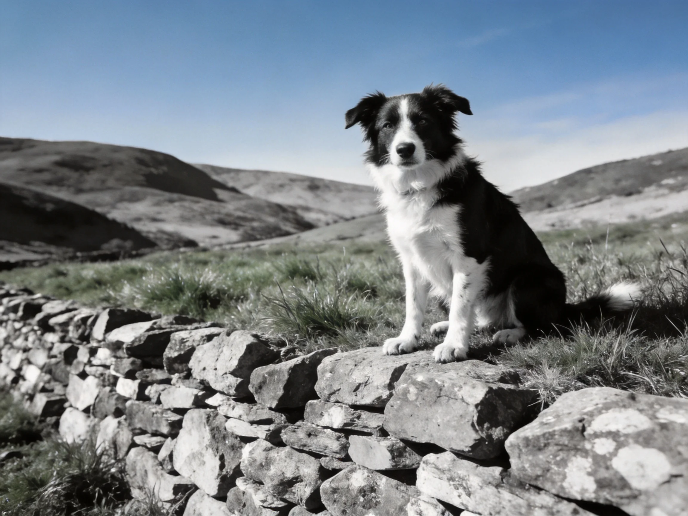 A black-and-white dog sits on a stone wall near rolling hills.