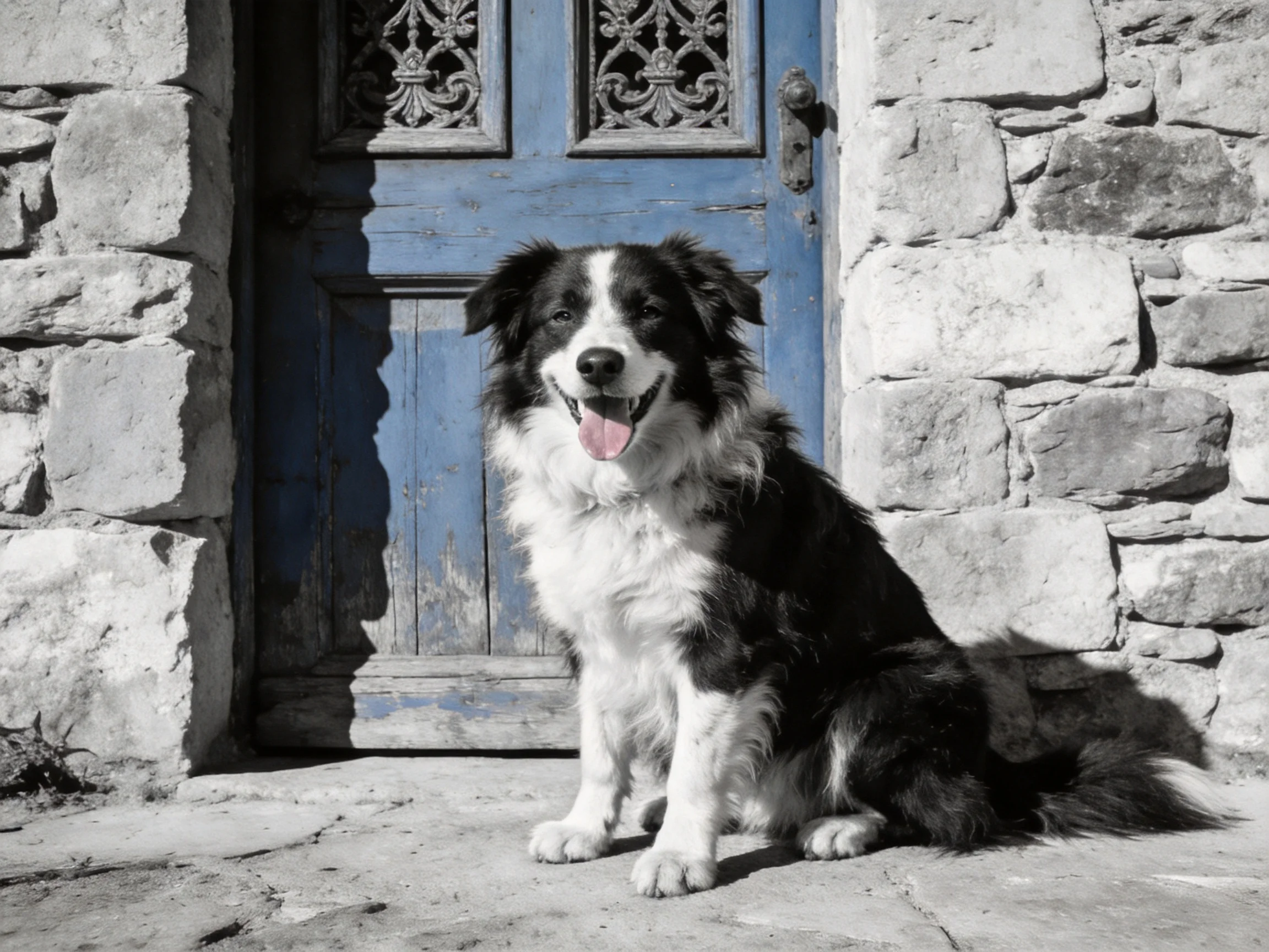 A black and white dog sits happily in front of a weathered blue door.