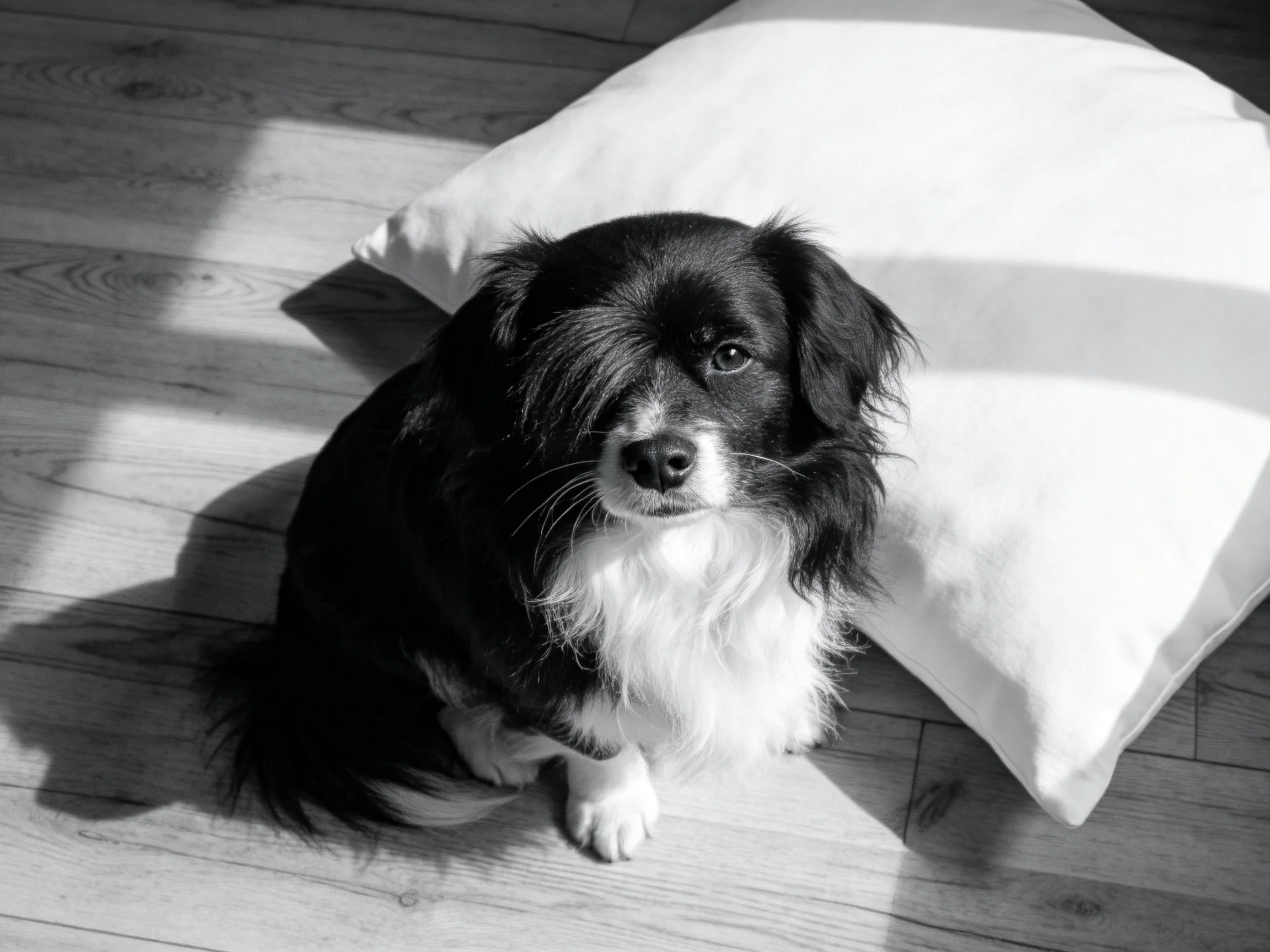 A black and white dog sits beside a large white pillow on wooden flooring