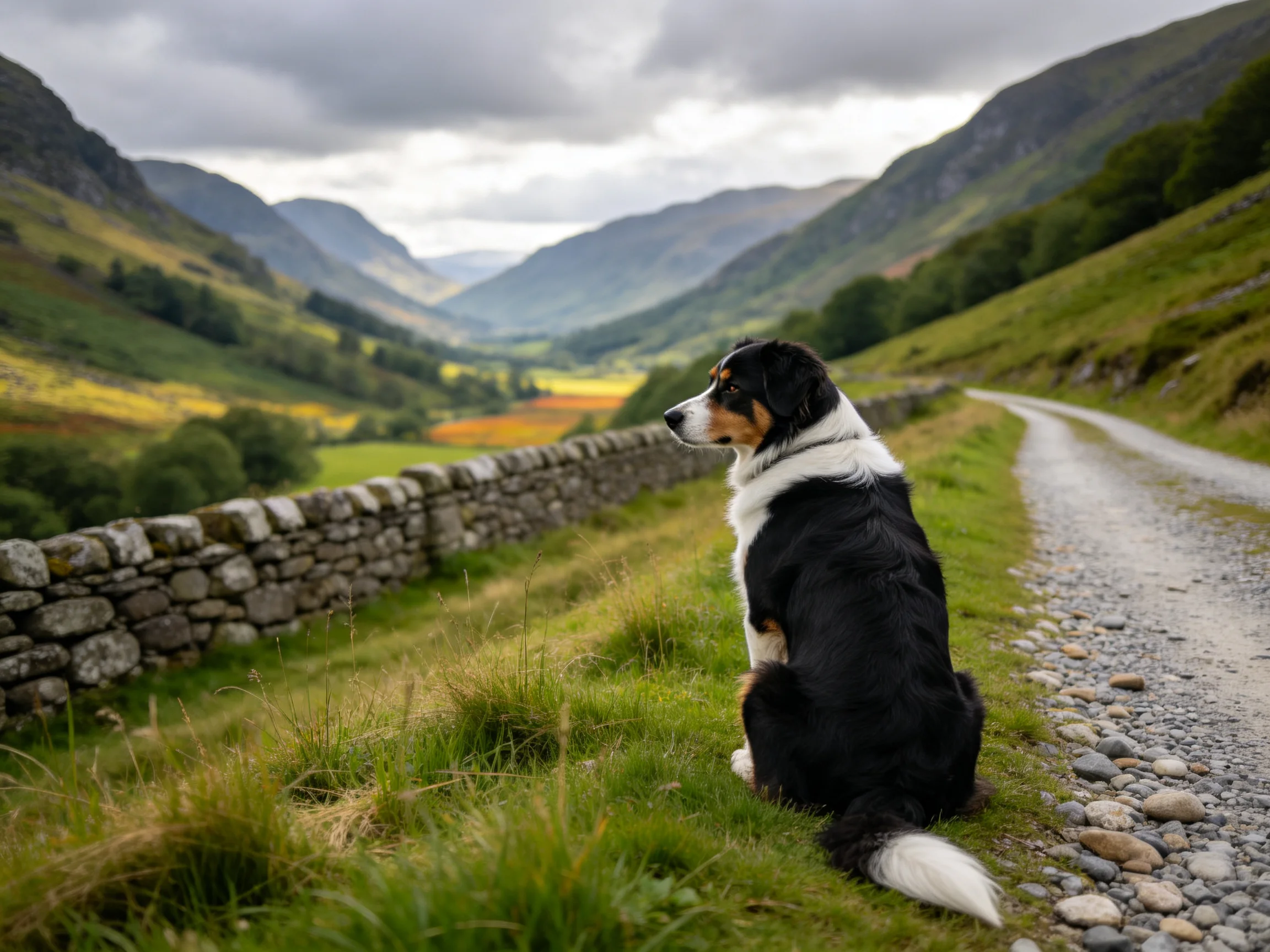 A dog sits by a stone wall overlooking a scenic mountain valley.