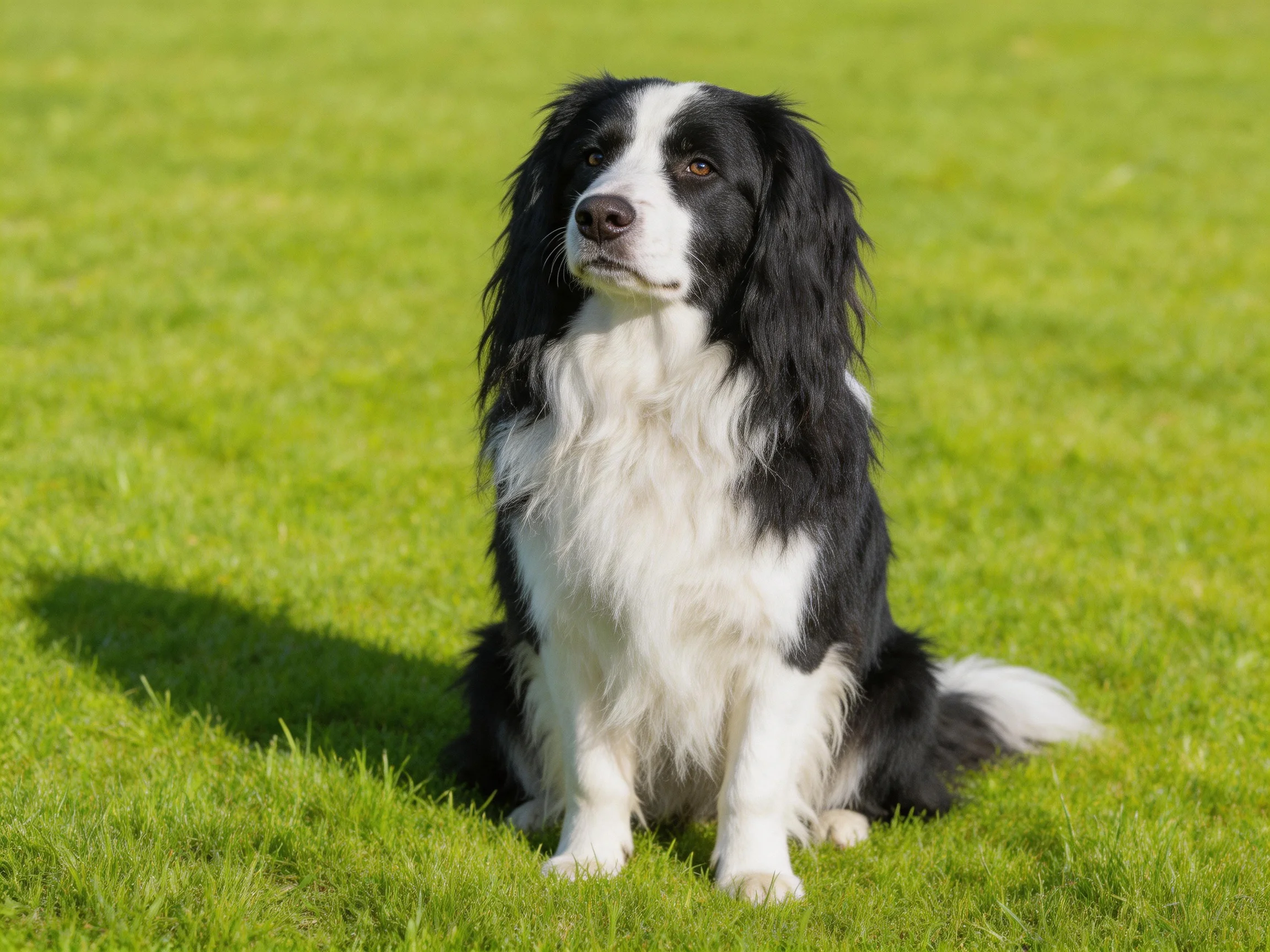 A black and white dog sits on green grass in a sunlit outdoor setting.