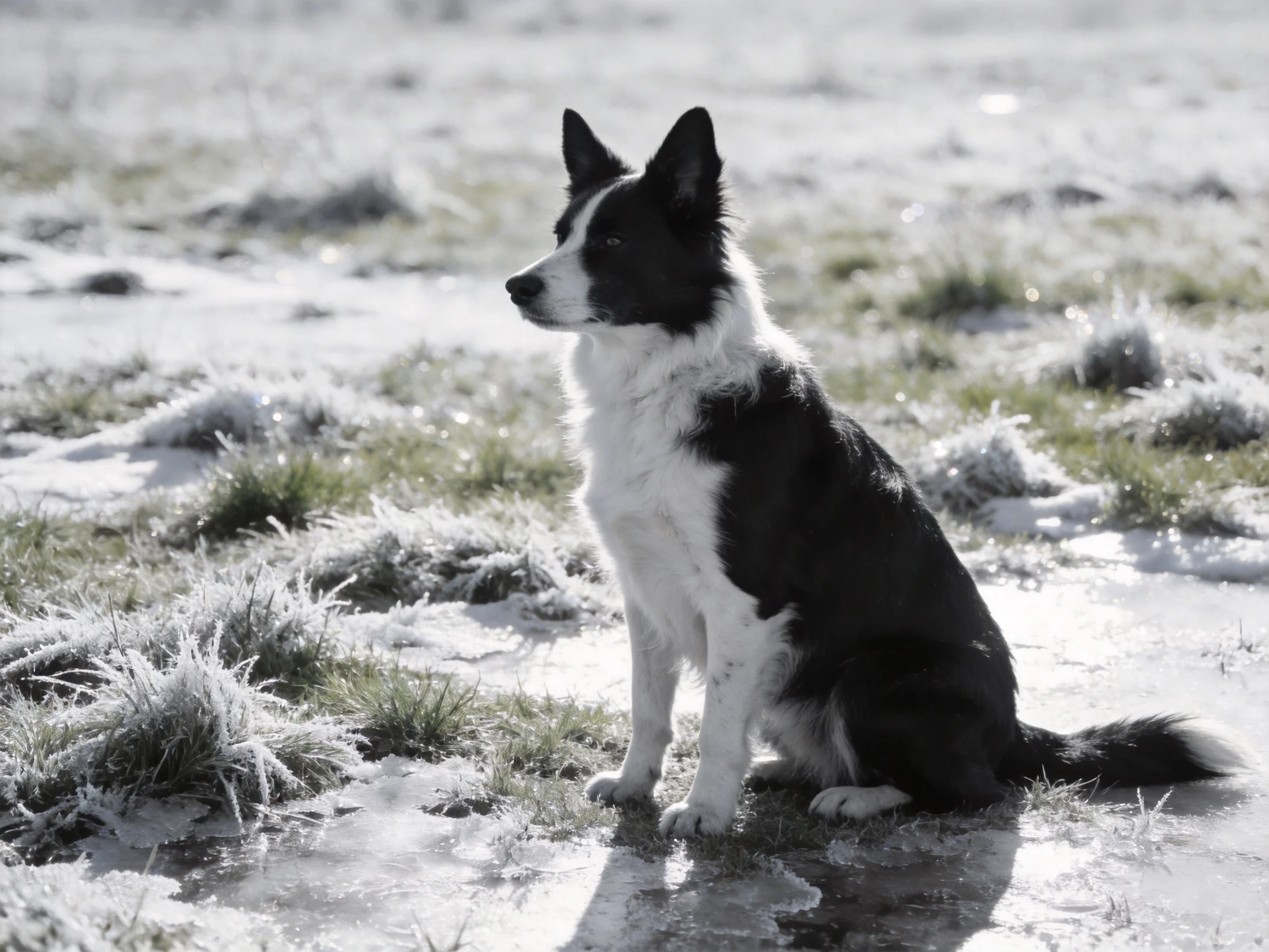 A black-and-white dog sits in a frosty, icy outdoor landscape