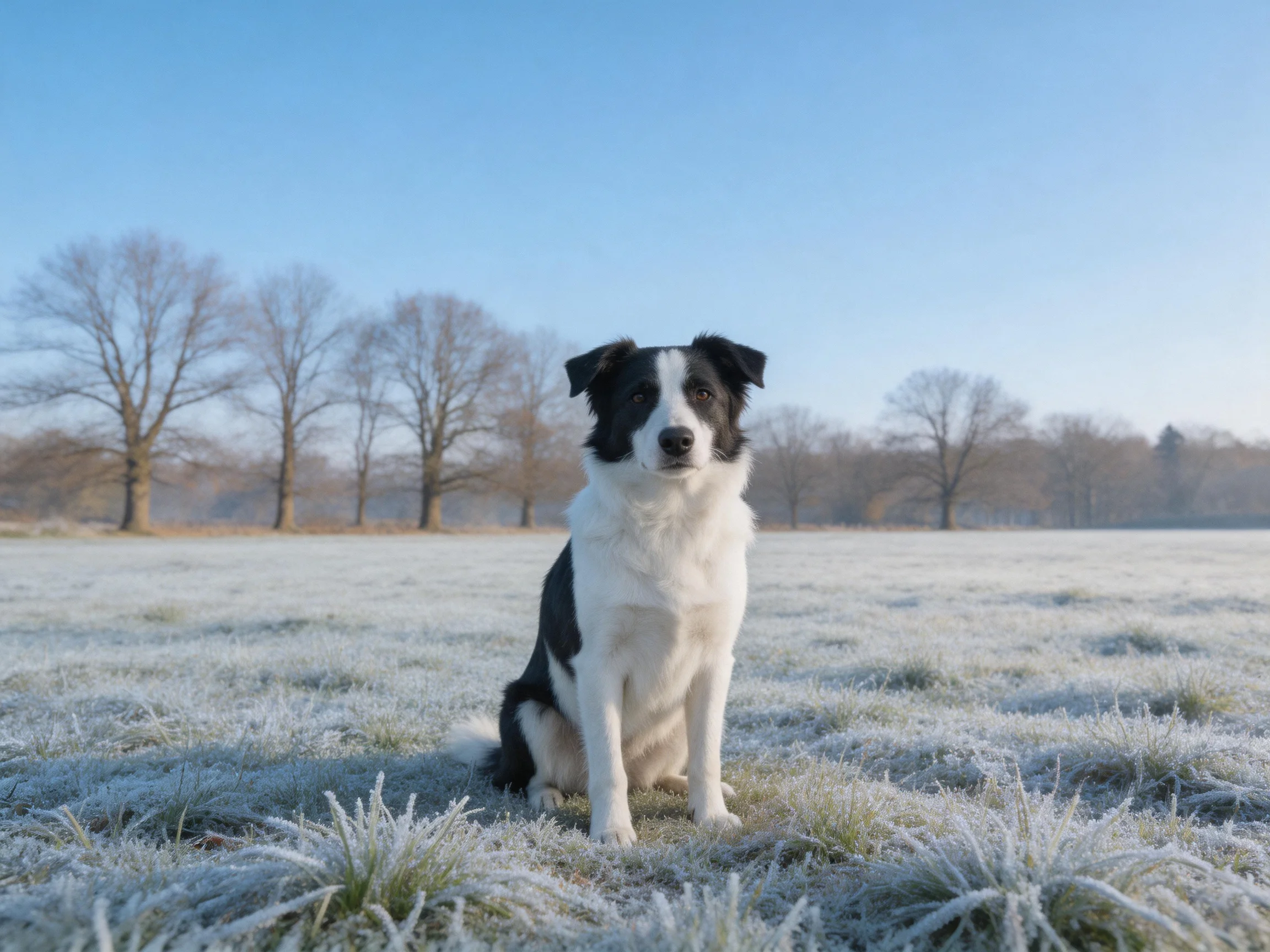 A black-and-white dog sits in a frosty open field with bare trees