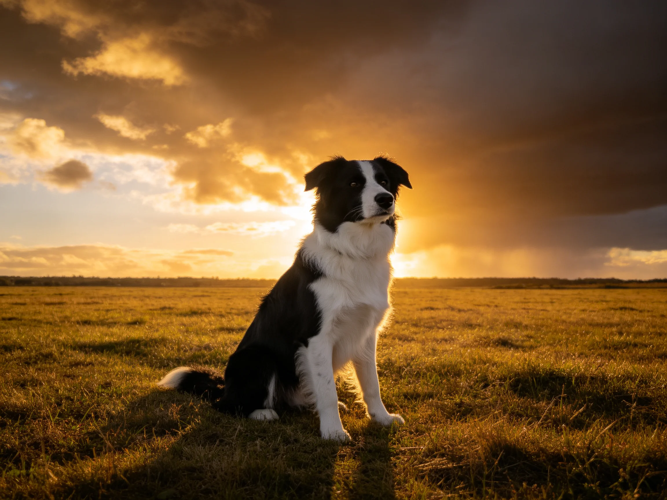 A black and white dog sits in an open field during golden hour