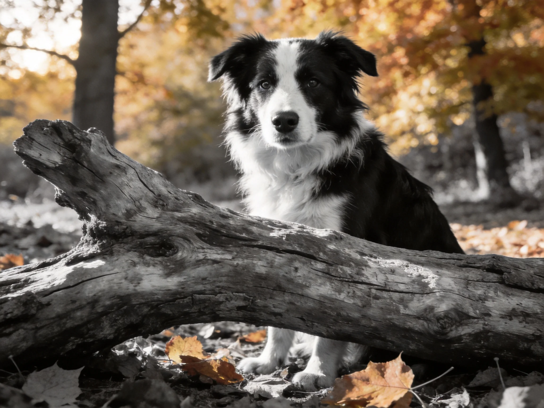 A black-and-white dog rests beside a large log in an autumn forest setting.