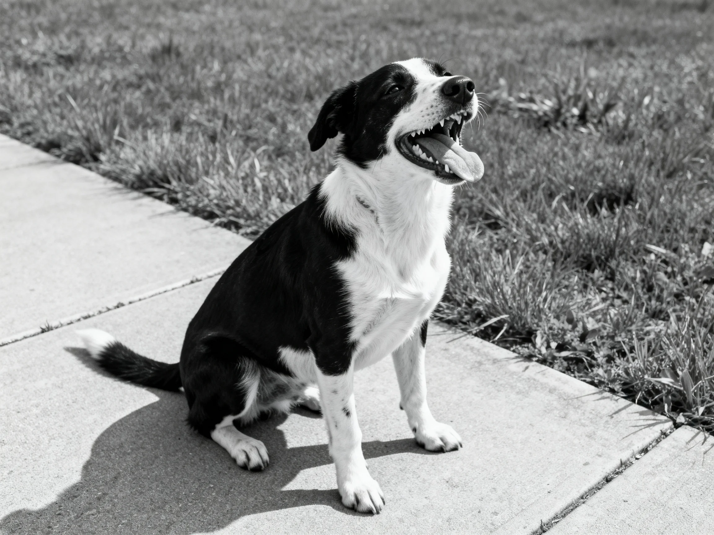 A black and white dog sits calmly on a concrete sidewalk with grass in the background.