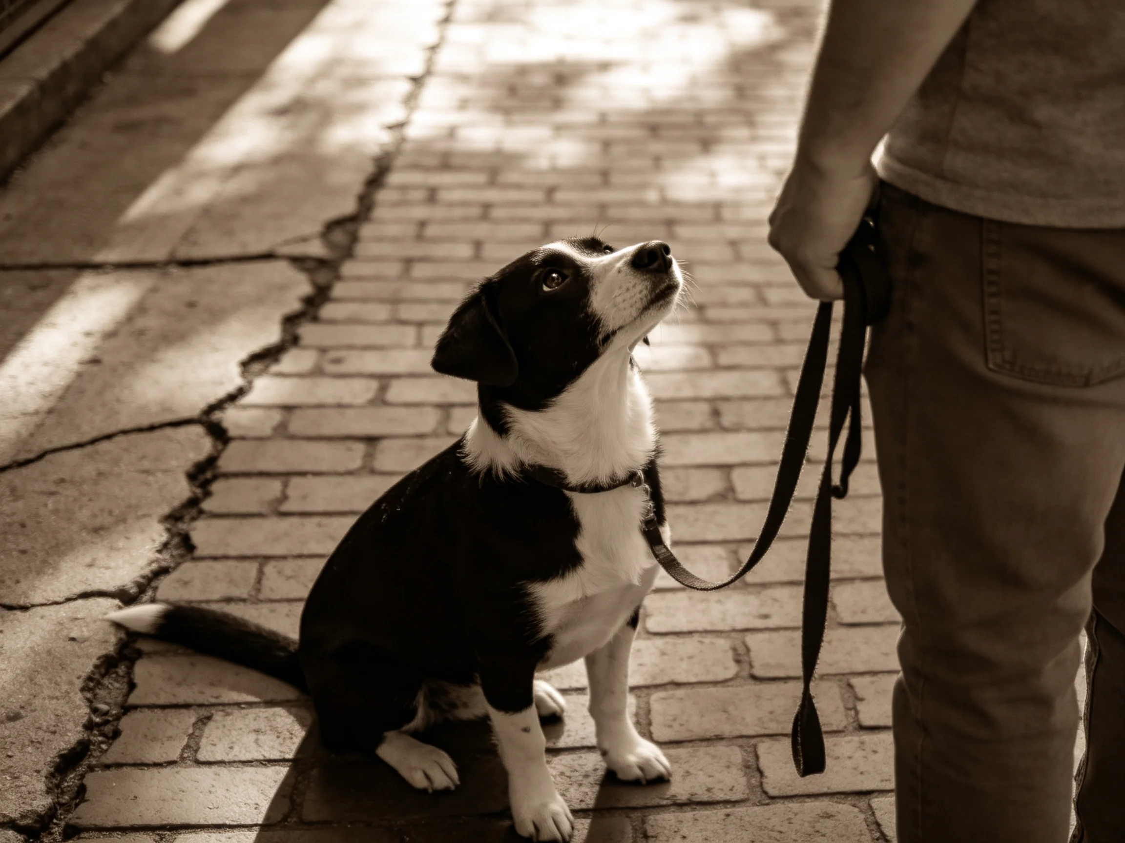 A black and white dog sits on a cracked brick path near a person holding a leash