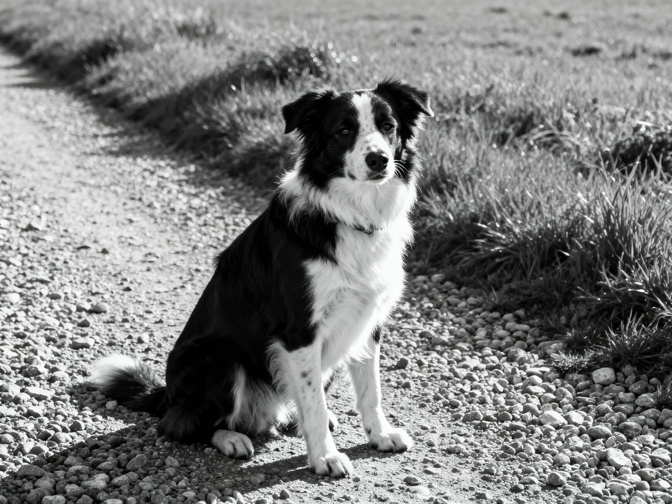 A black and white dog sits on a gravel path near grassy terrain