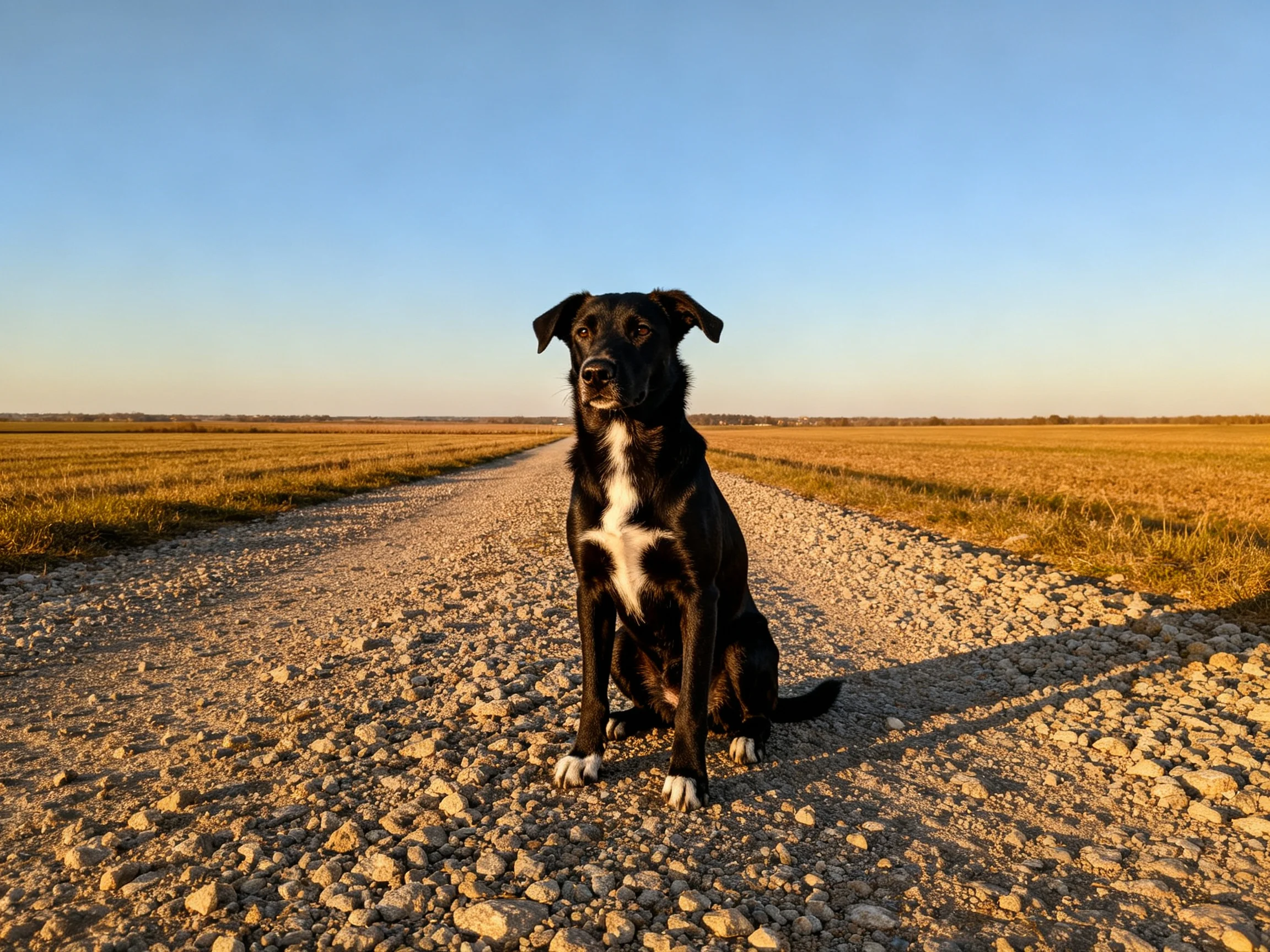 A black and white dog sits on a gravel road flanked by golden fields