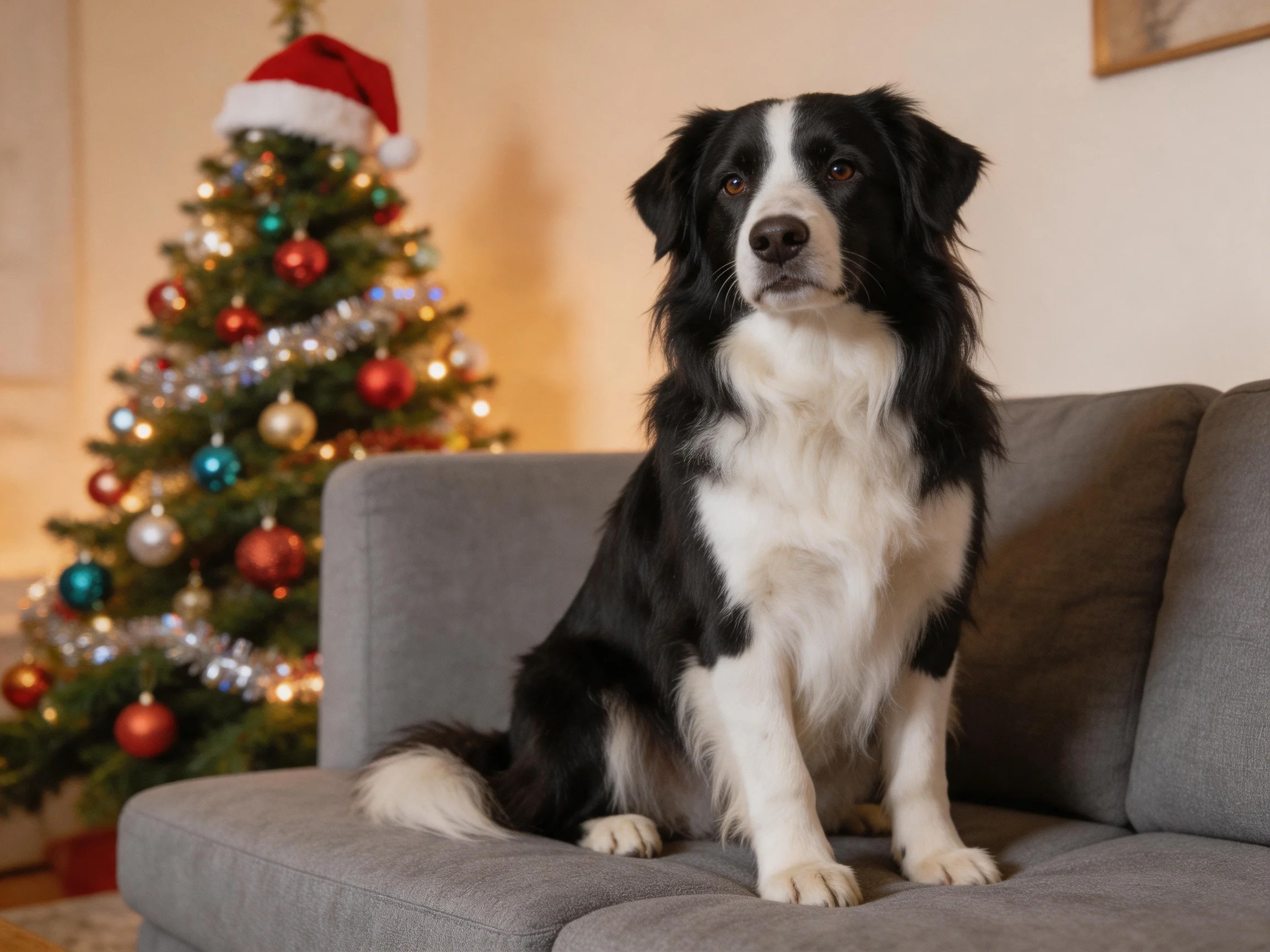 A black and white dog sits on a gray couch near a festive Christmas tree.