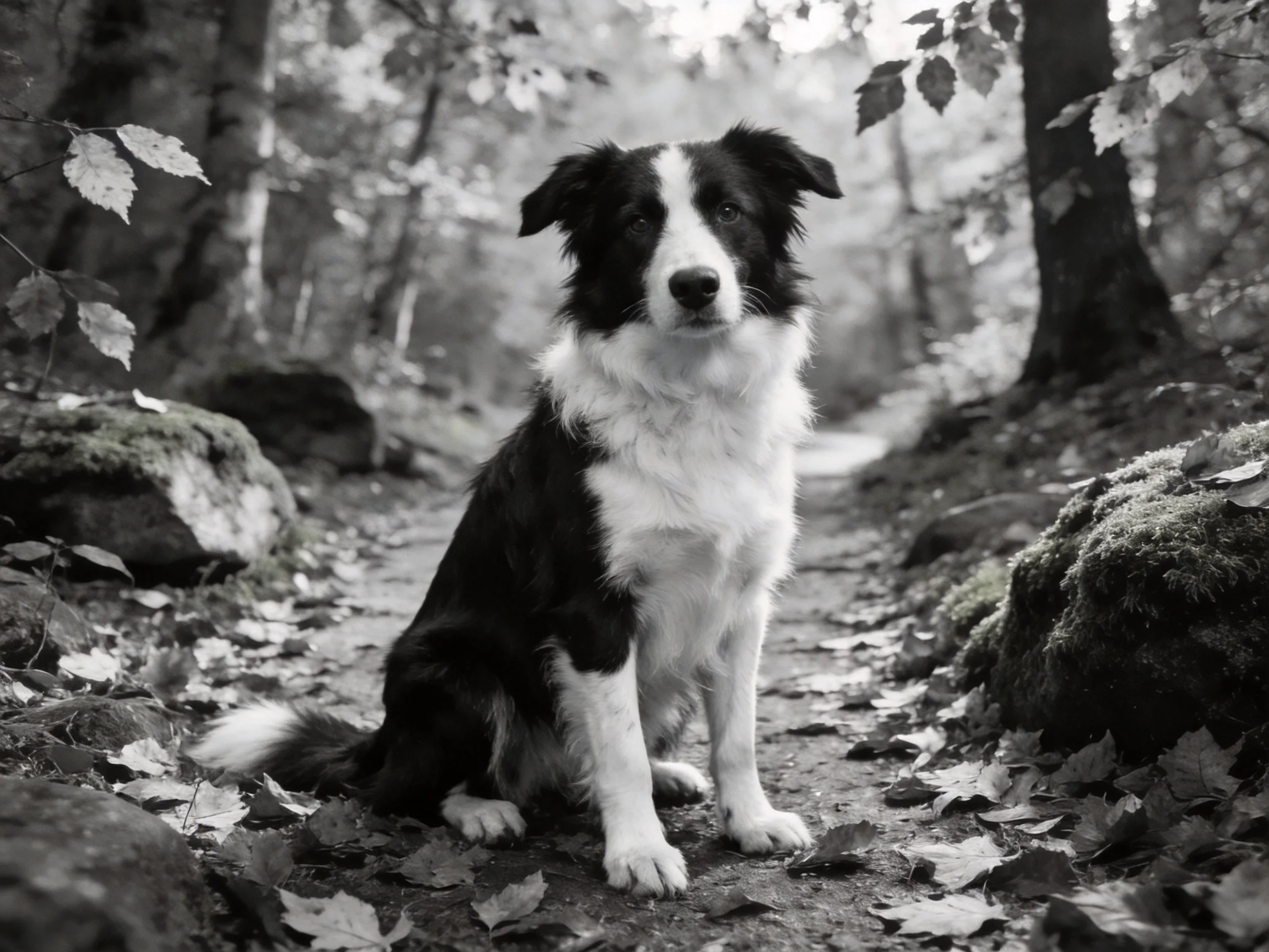 A black-and-white dog sits on a leaf-strewn forest path