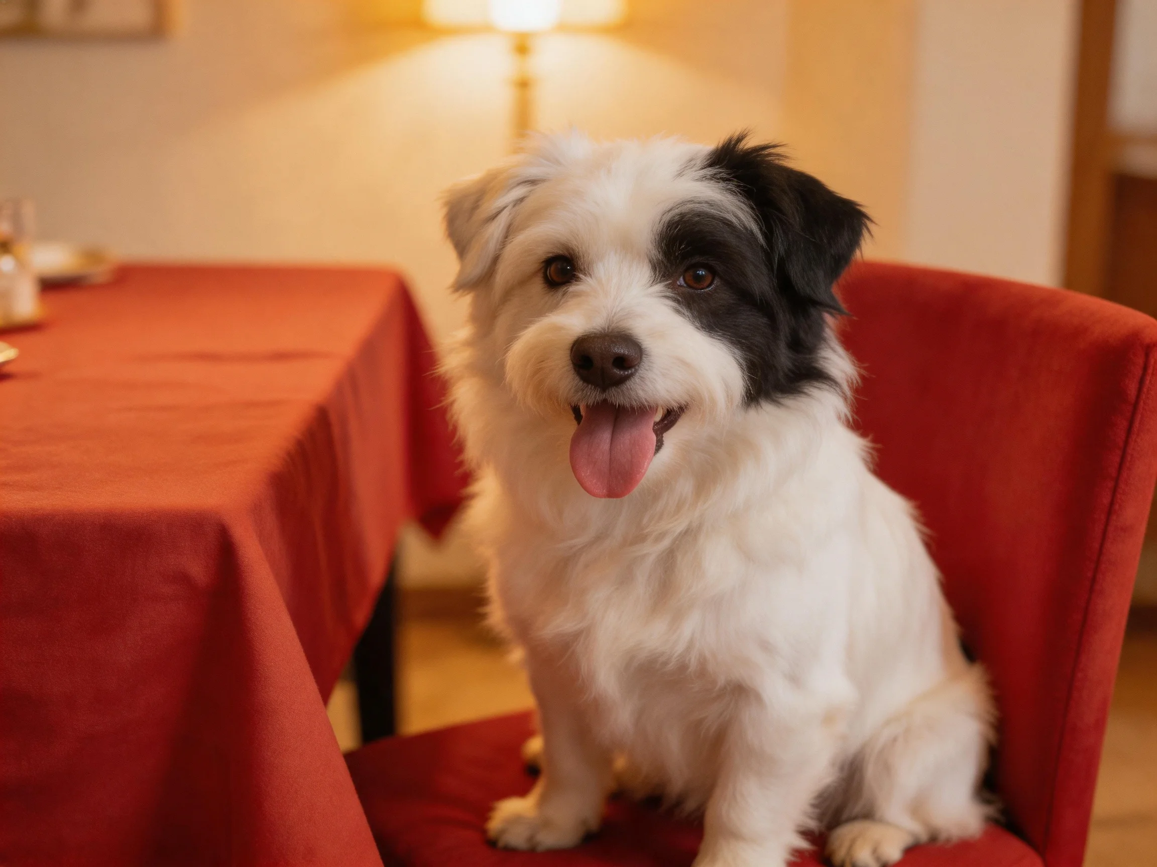 A black-and-white dog sits happily on a red chair by a red table