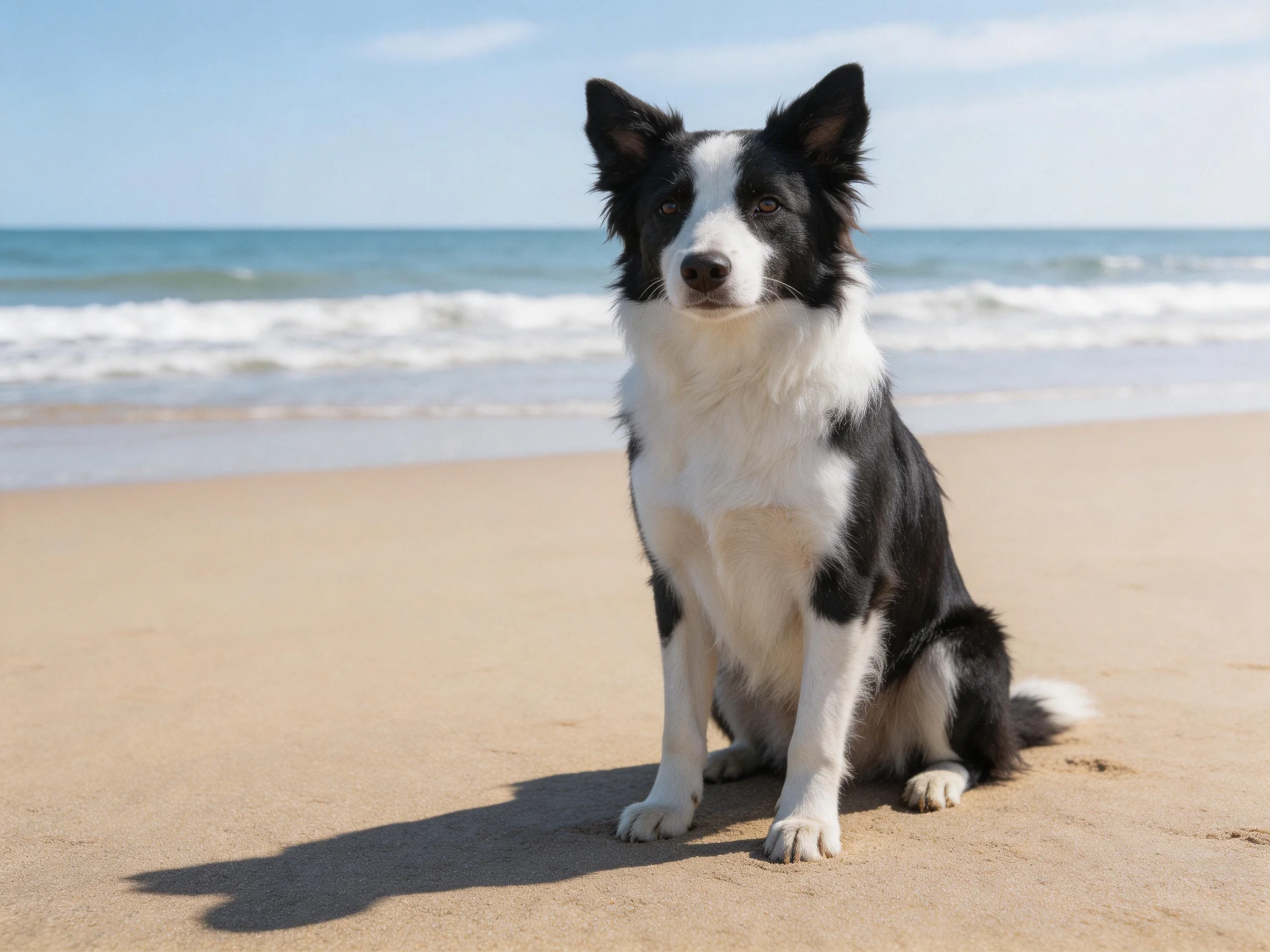 A black and white dog sits on a sandy beach near the ocean.