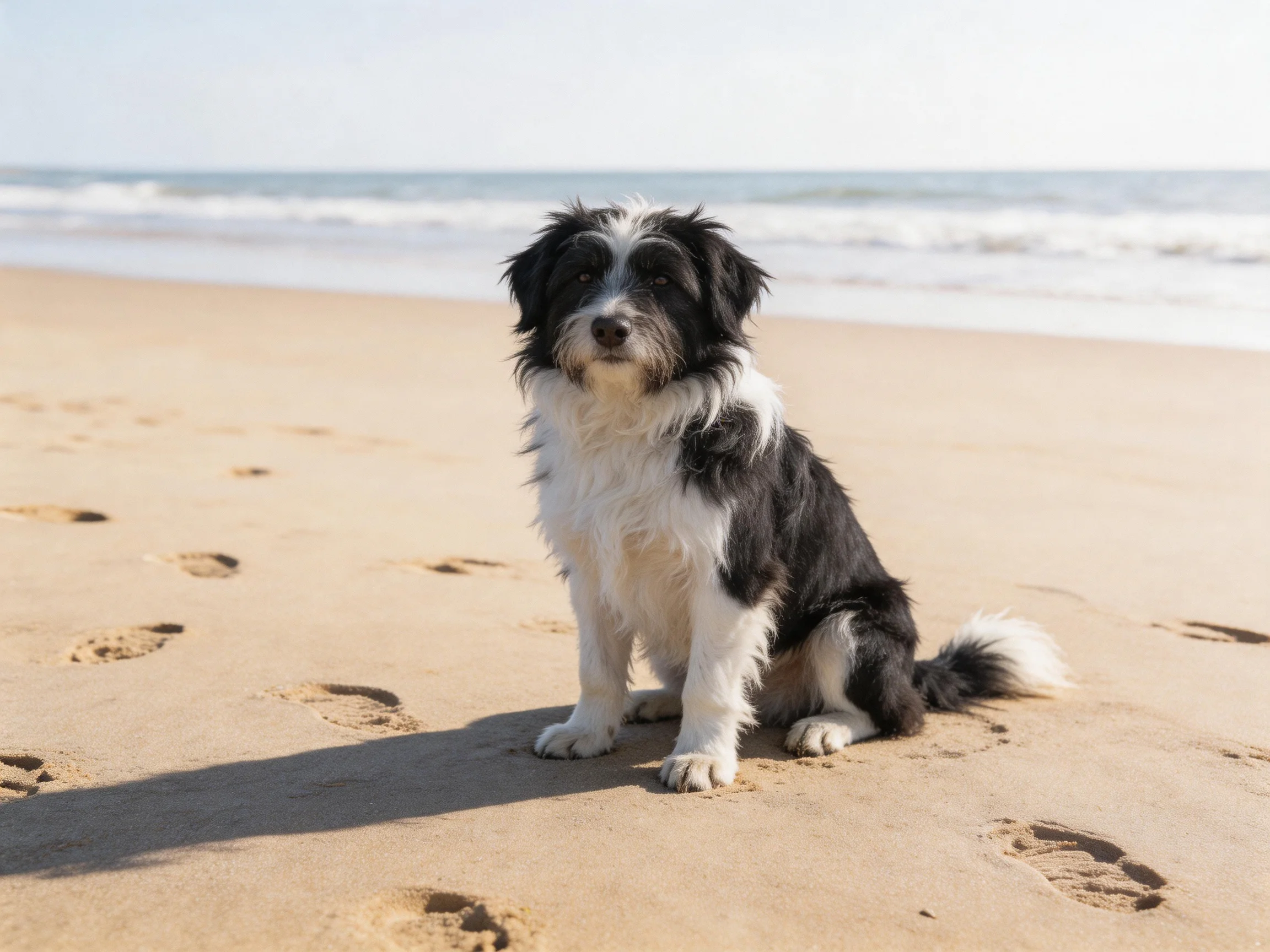 A black and white dog sits on a sandy beach near the shoreline