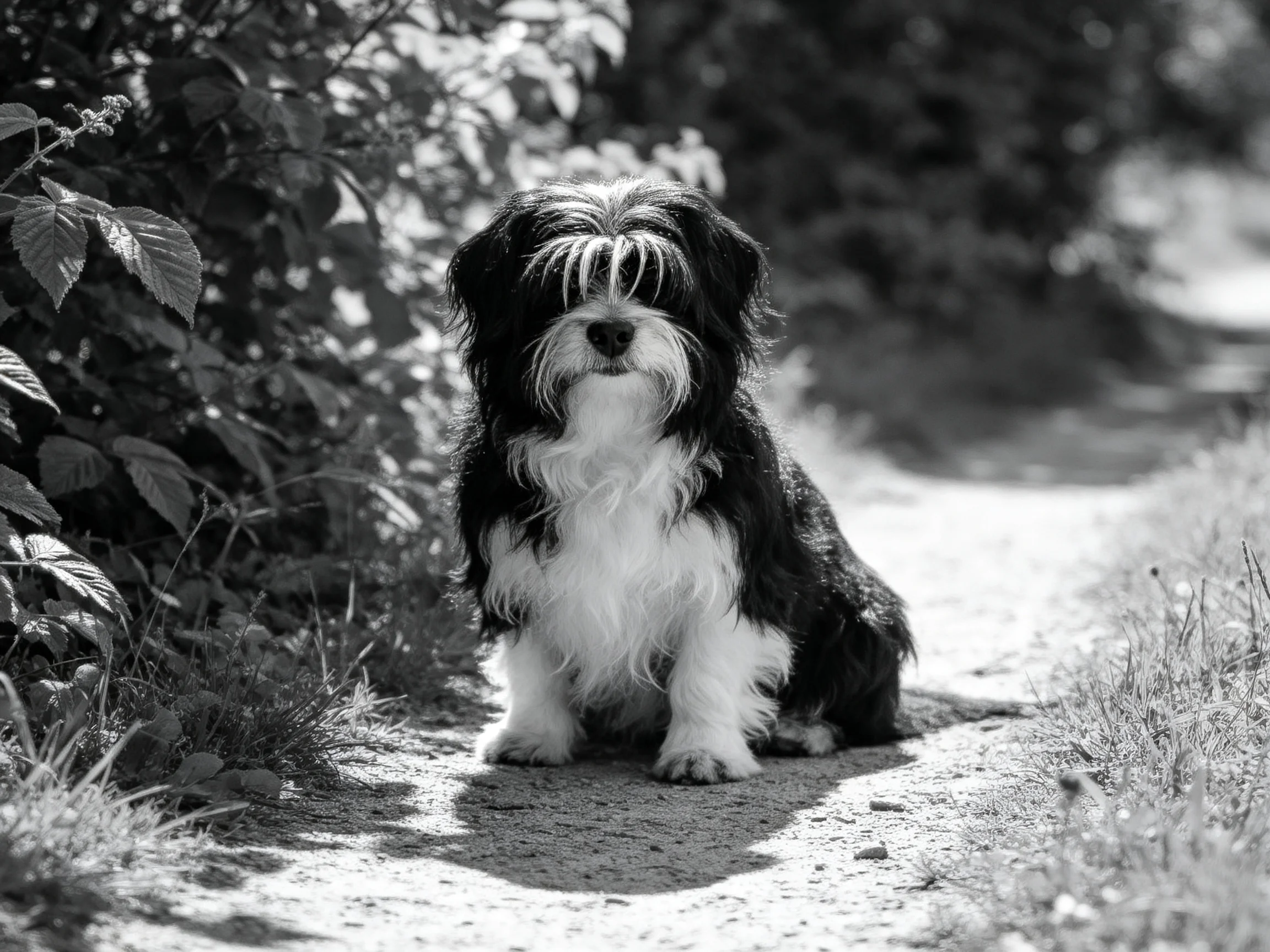 A black-and-white dog sits calmly on a sunlit dirt path.