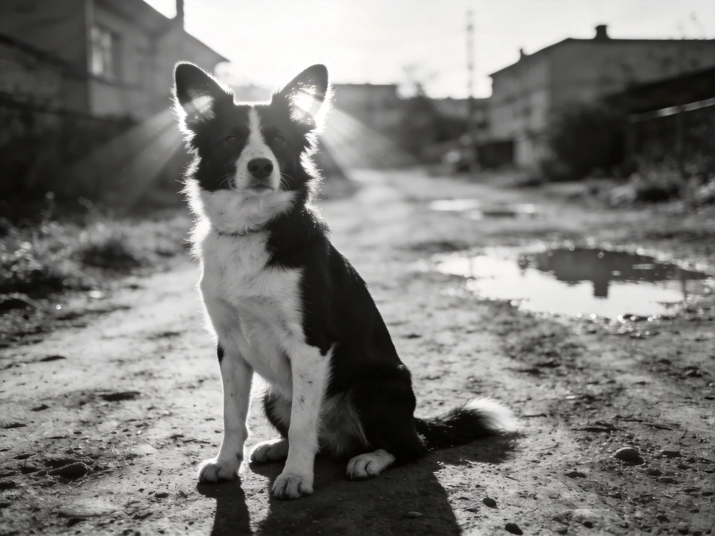 A black-and-white dog sits calmly on a sunlit rural dirt road.