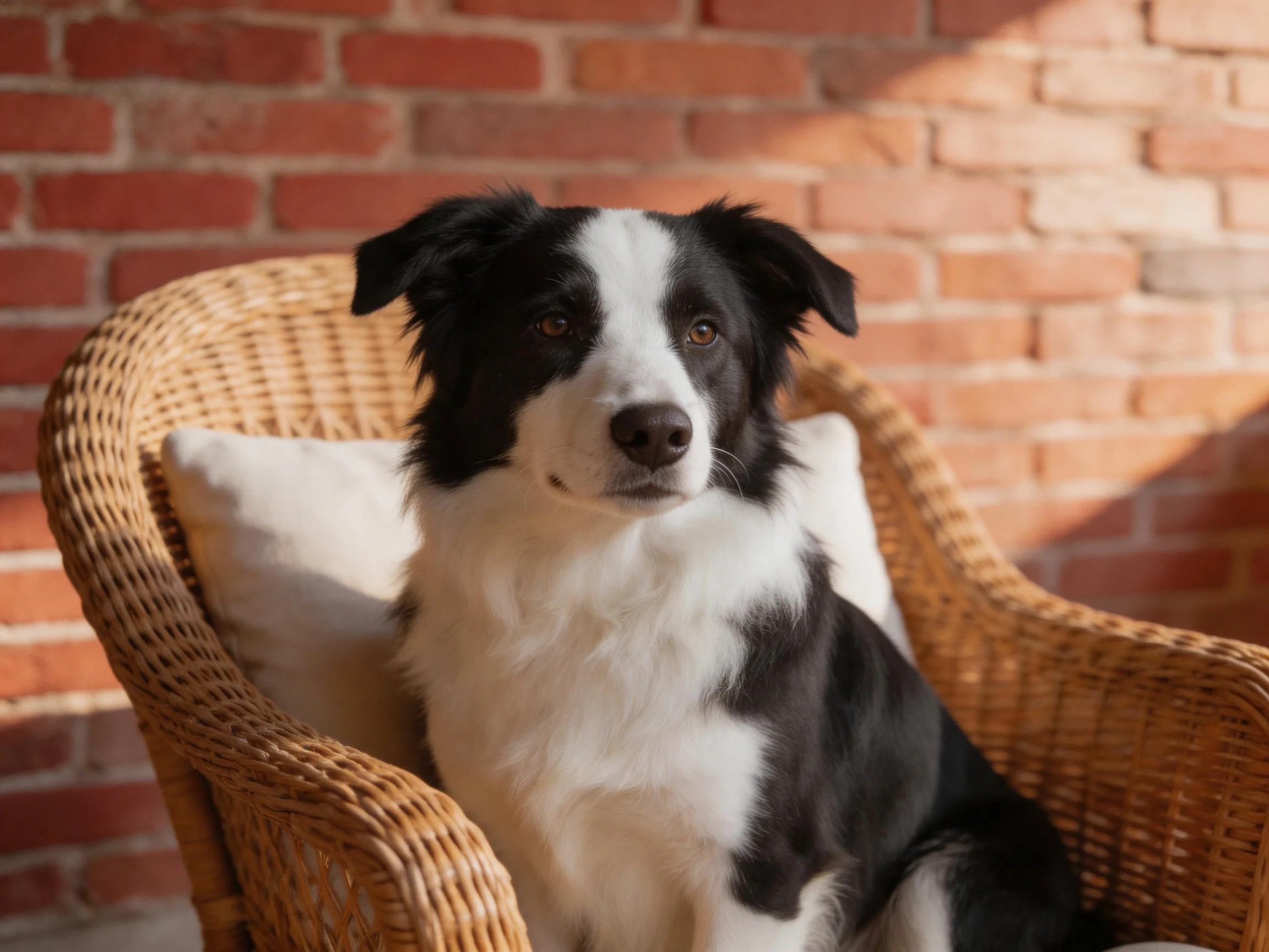 A black and white dog relaxes on a wicker chair beside a red brick wall