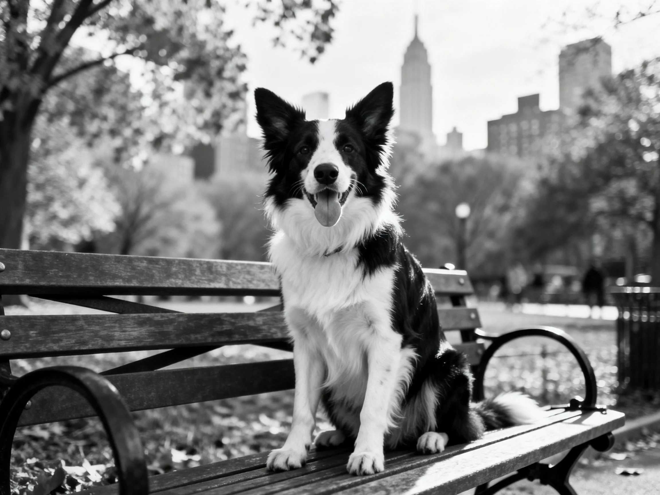 A black-and-white dog sits on a wooden park bench near skyscrapers
