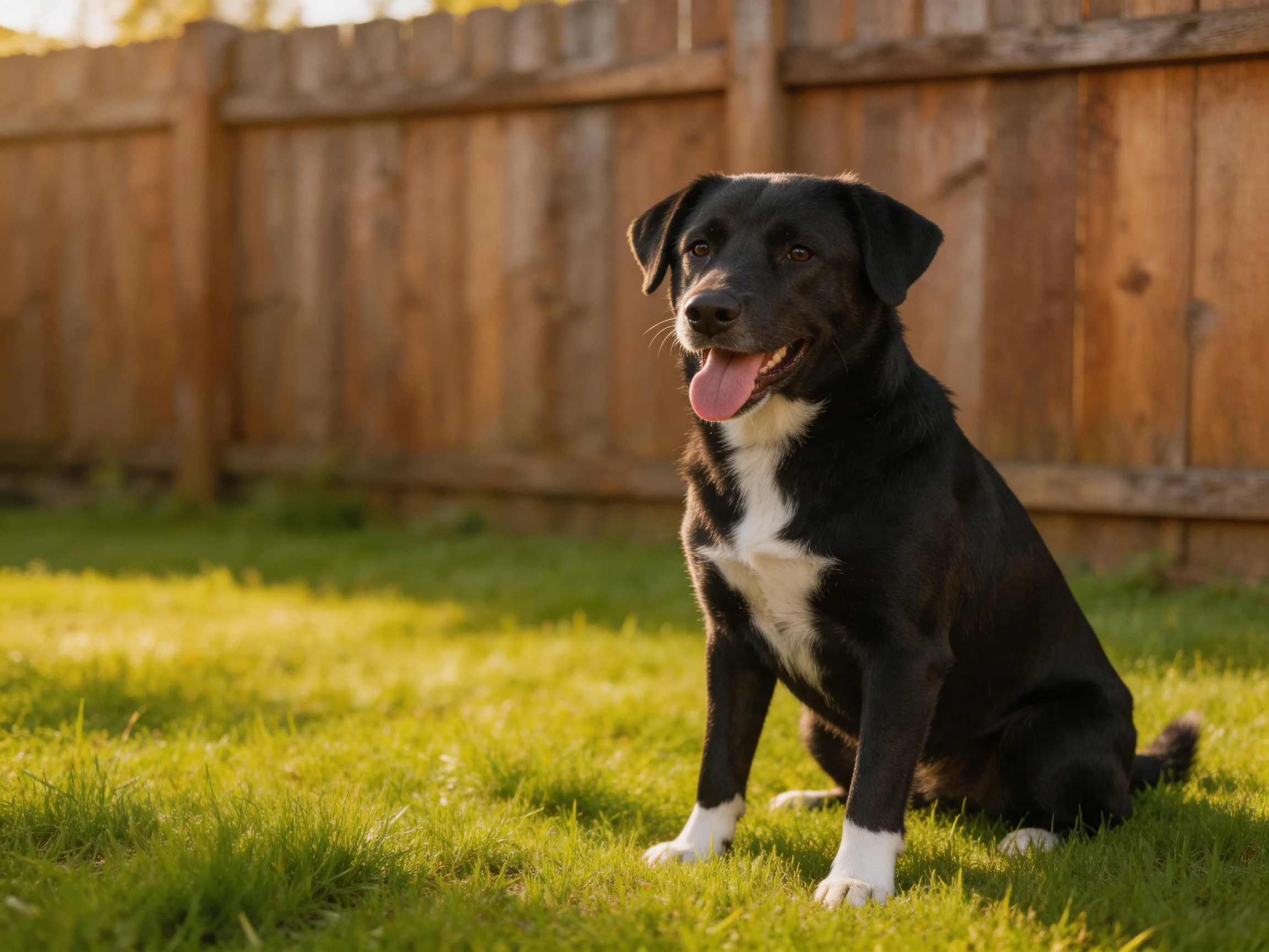 A black and white dog sits calmly on green grass next to a wooden fence.