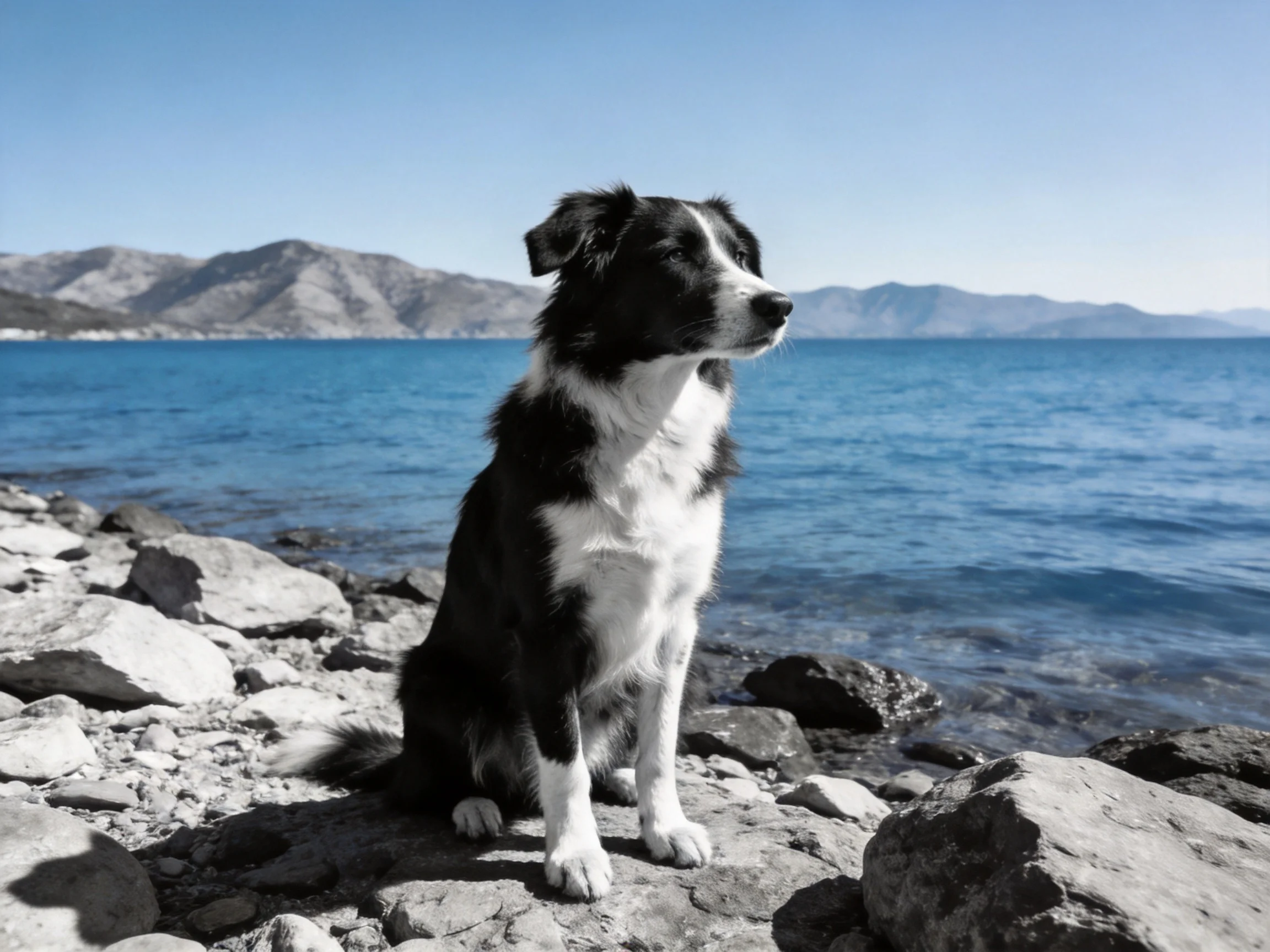 A black and white dog sits on rocks near a body of water with distant mountains.