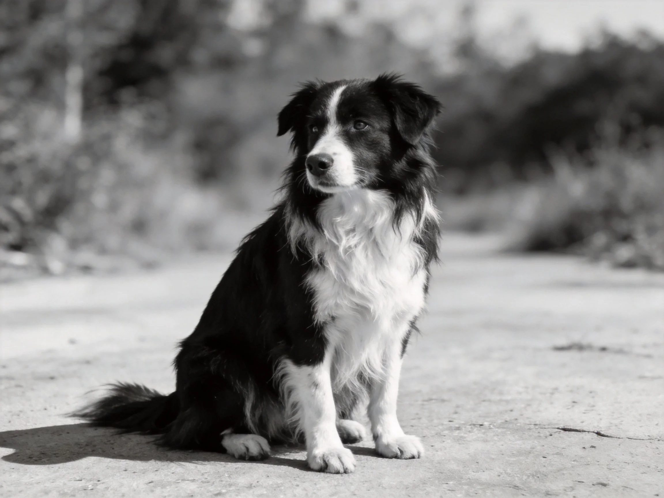 A black and white dog sits calmly on a concrete path in an outdoor setting.
