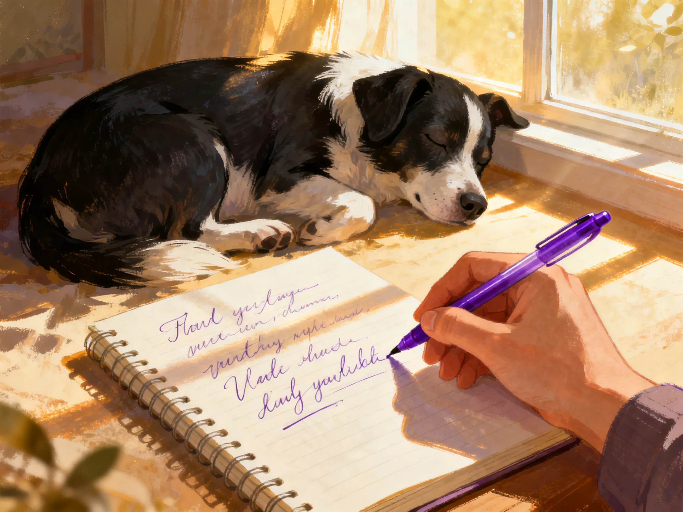 A person writes in a notebook next to a sleeping black-and-white dog by a sunlit window