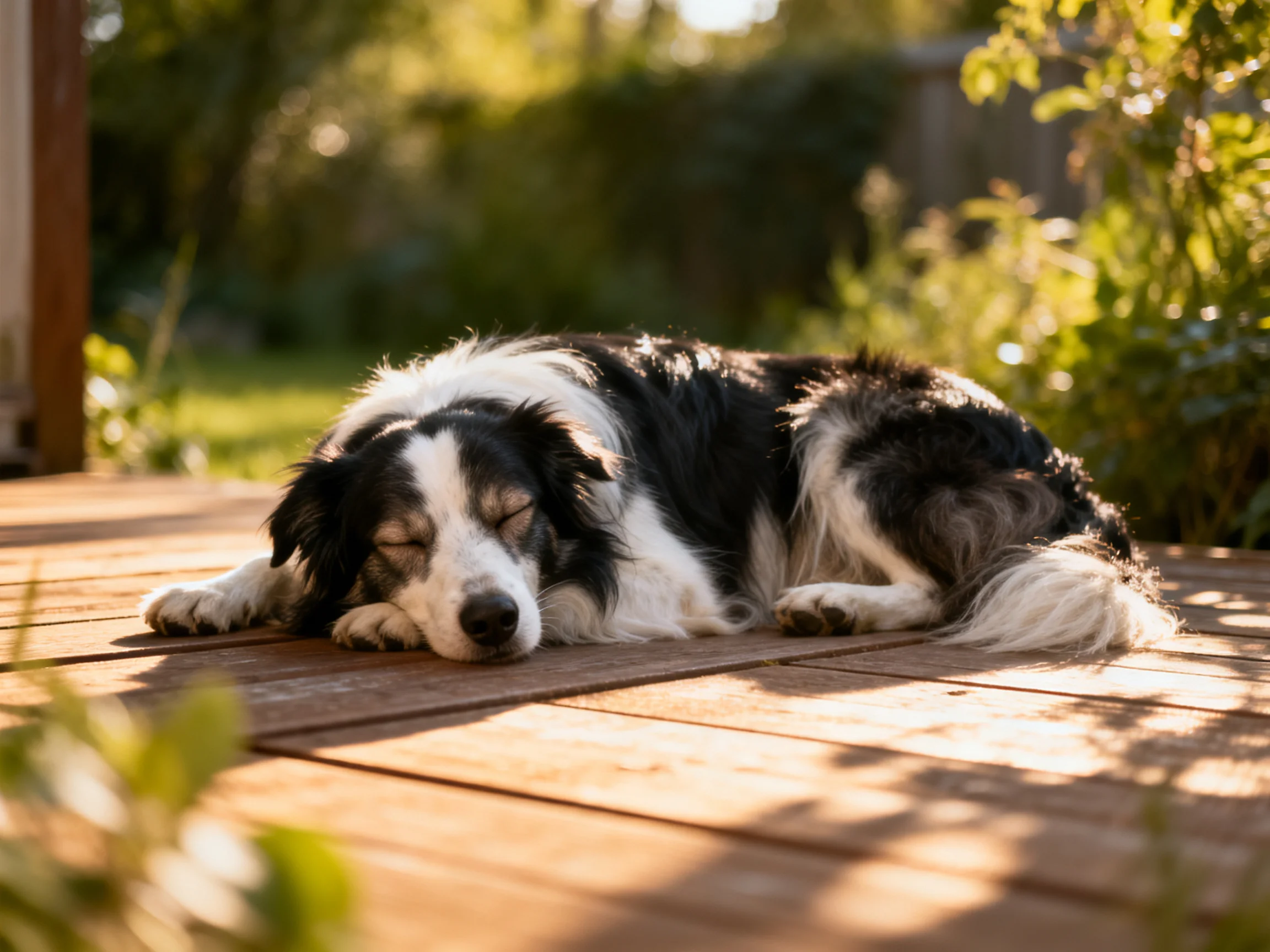 A black and white dog sleeps on a wooden deck in sunny surroundings