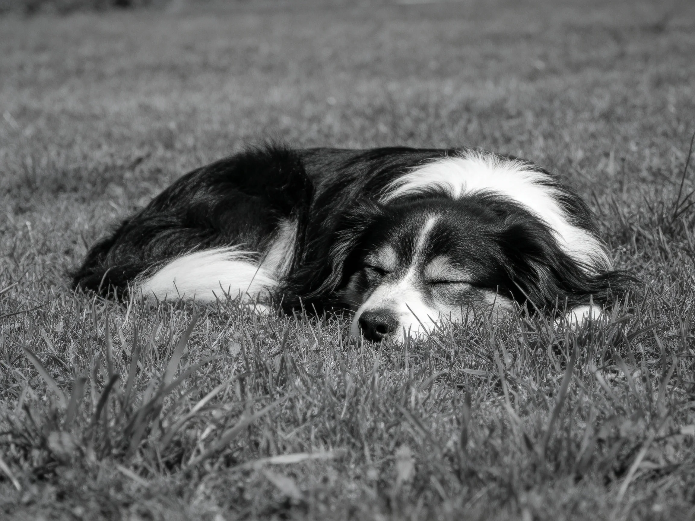 A black and white dog sleeps on grass