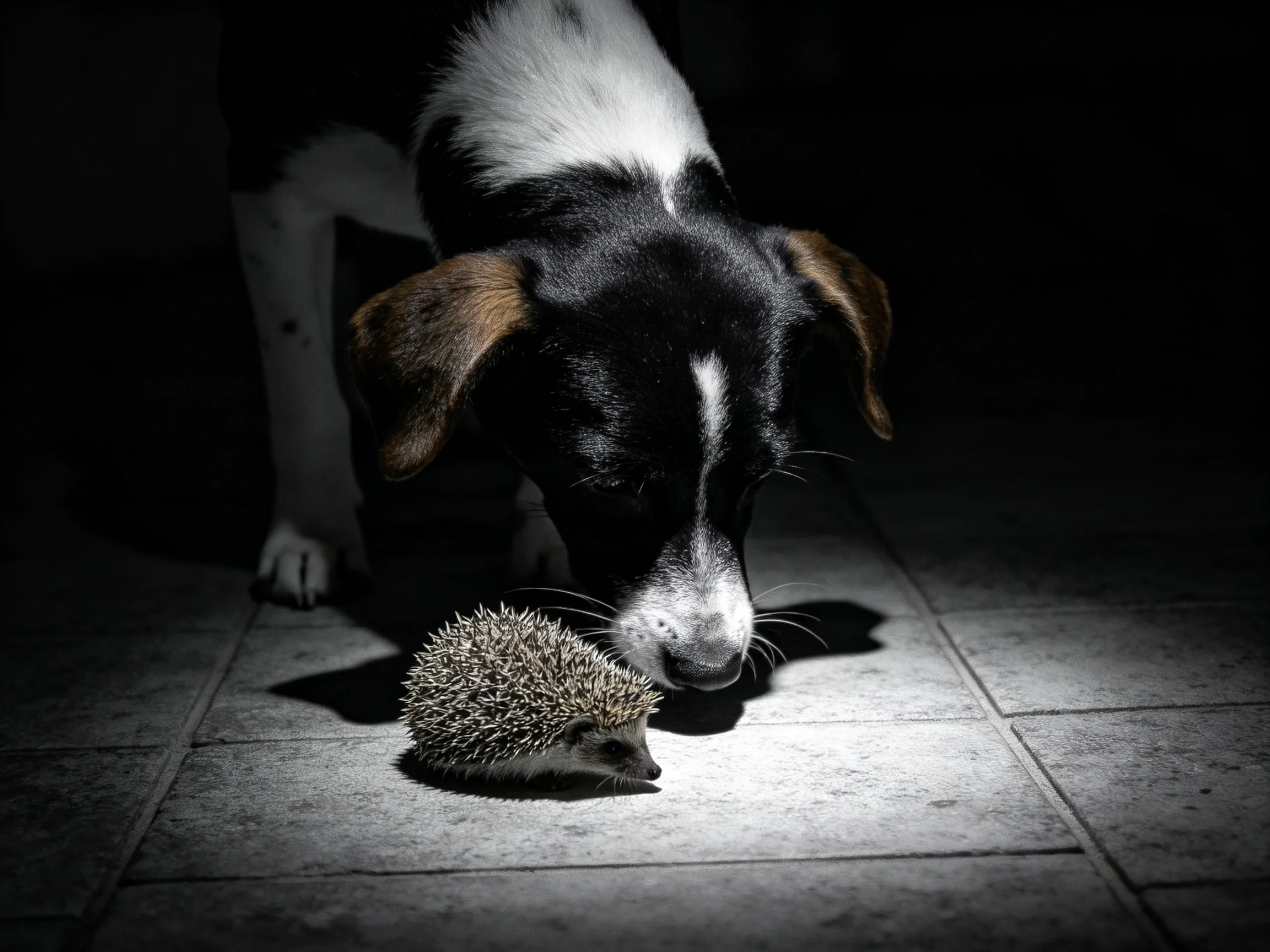 A black-and-white dog sniffs a spiky hedgehog under focused lighting