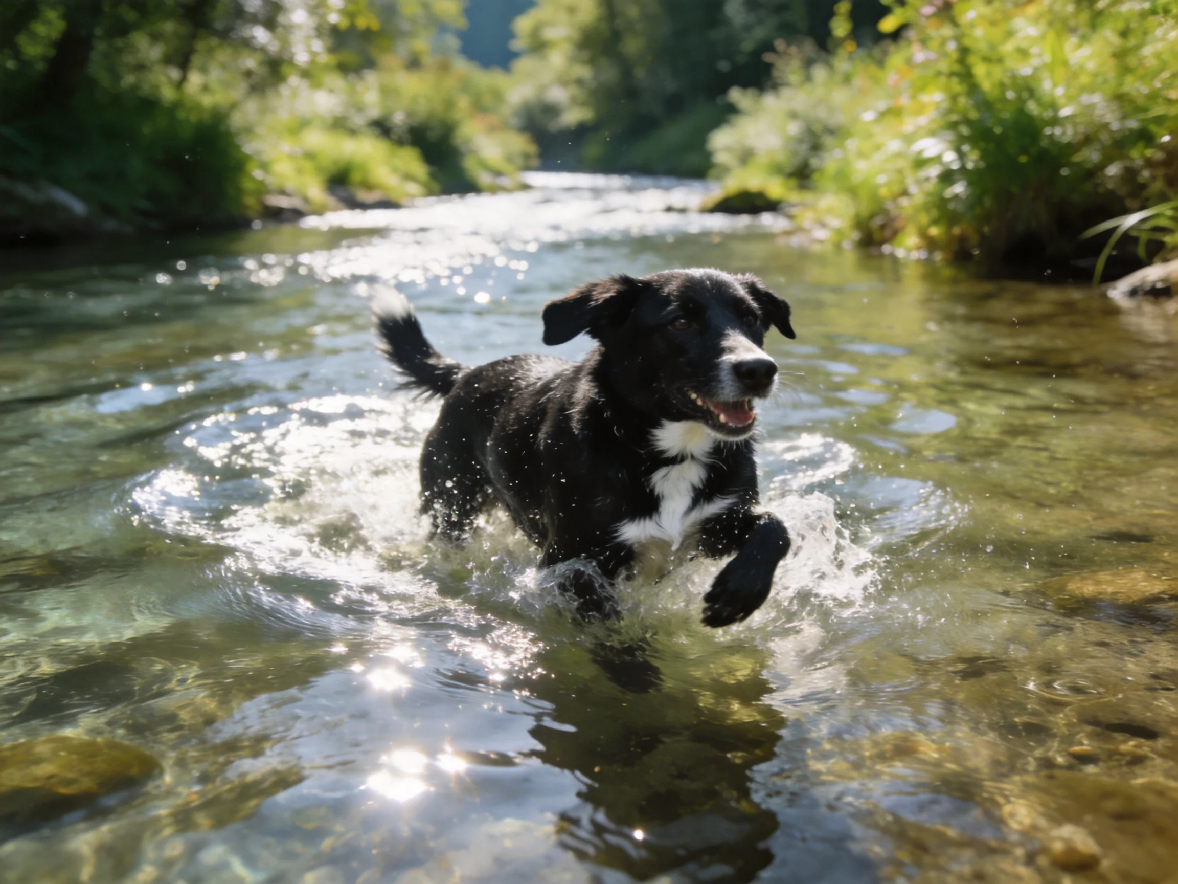 A black and white dog splashing through a clear mountain stream