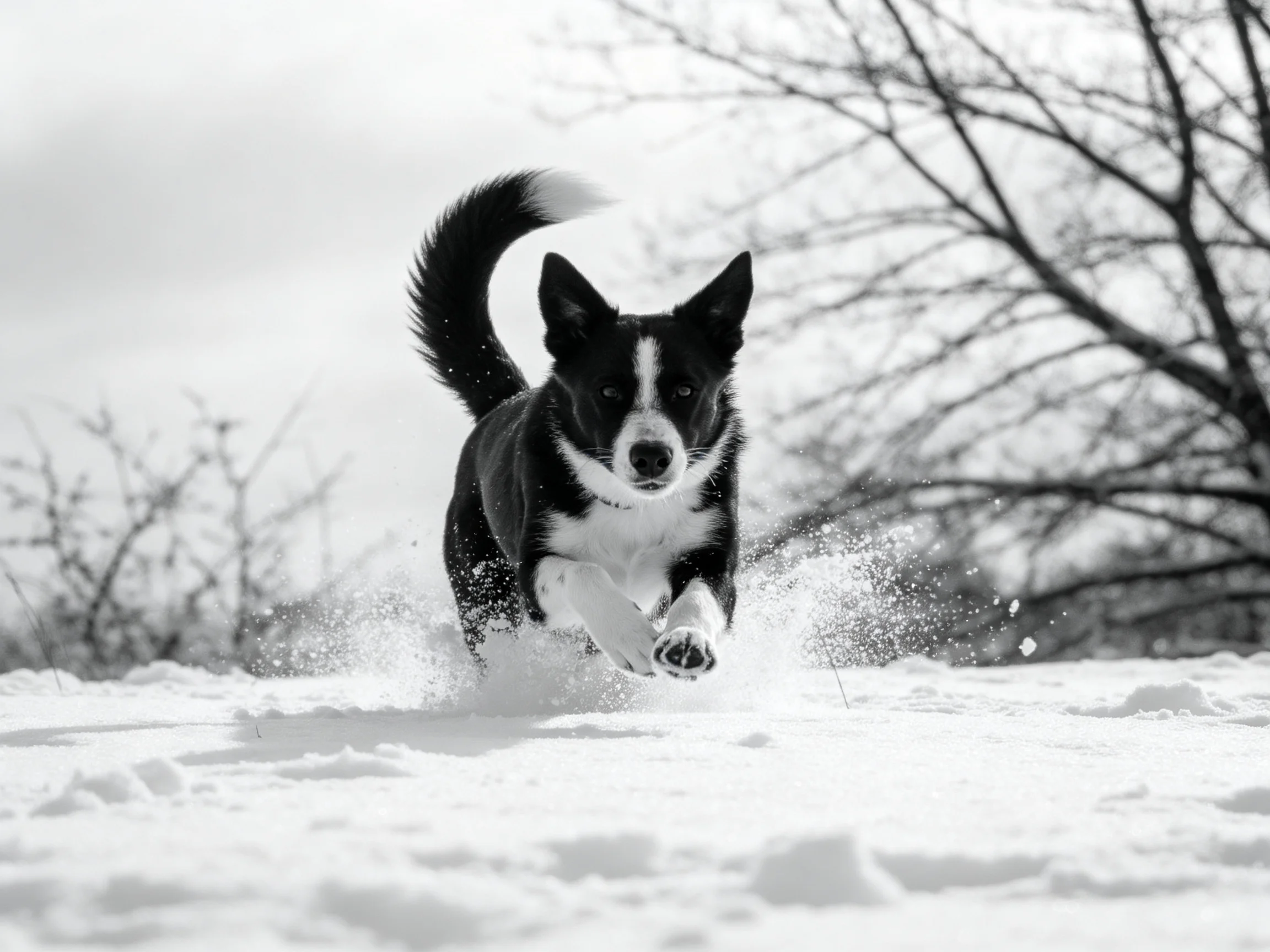 A black and white dog sprinting through deep snow near leafless trees