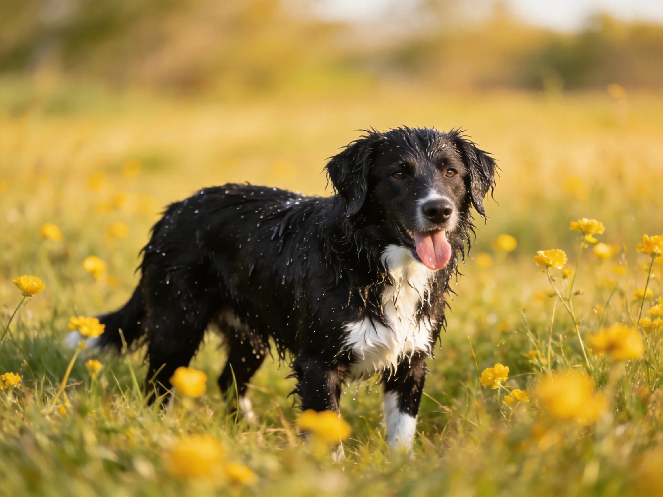 A black and white dog standing in a field of yellow wildflowers