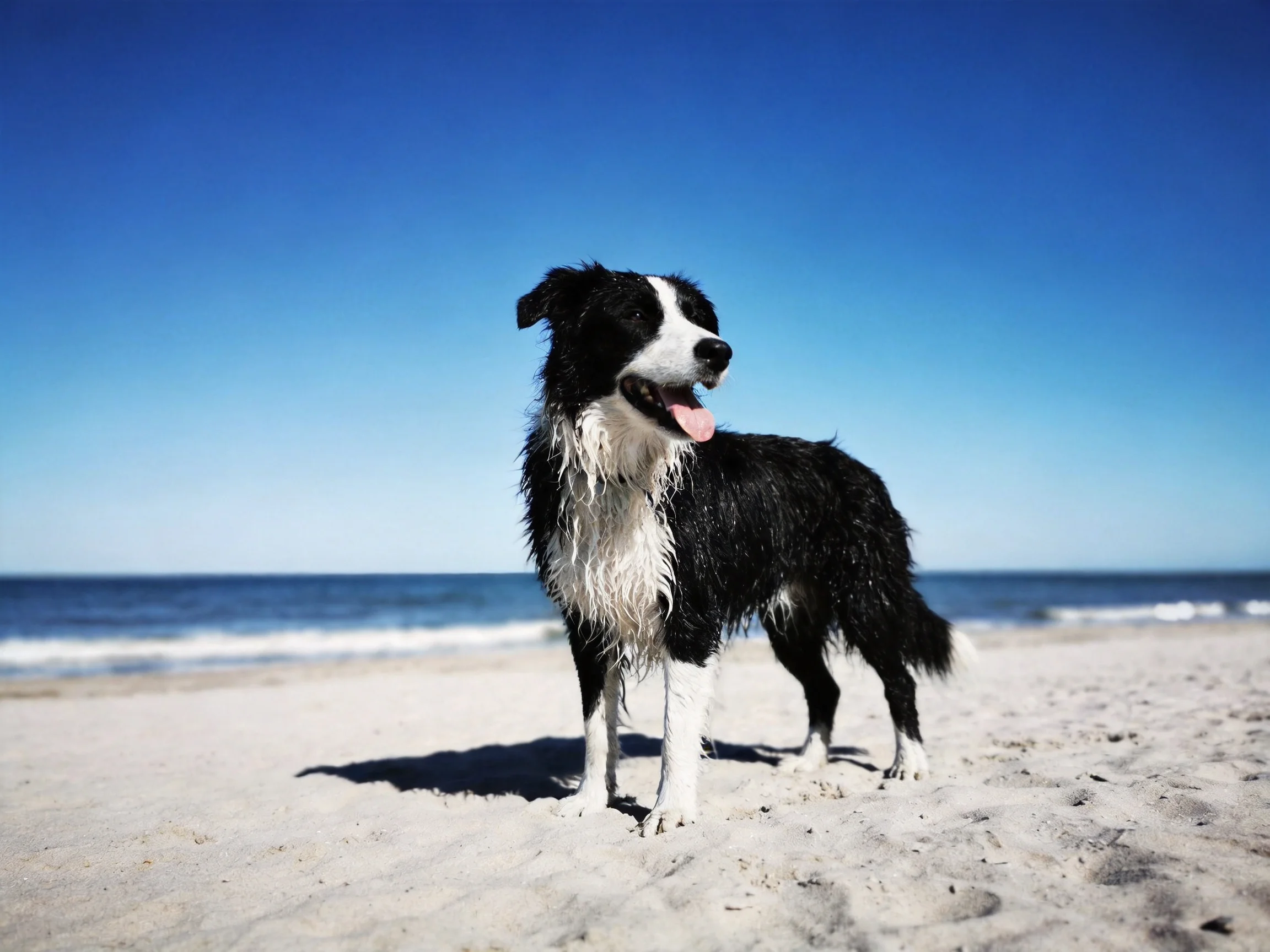 A black and white dog stands on a sandy beach beside the ocean.