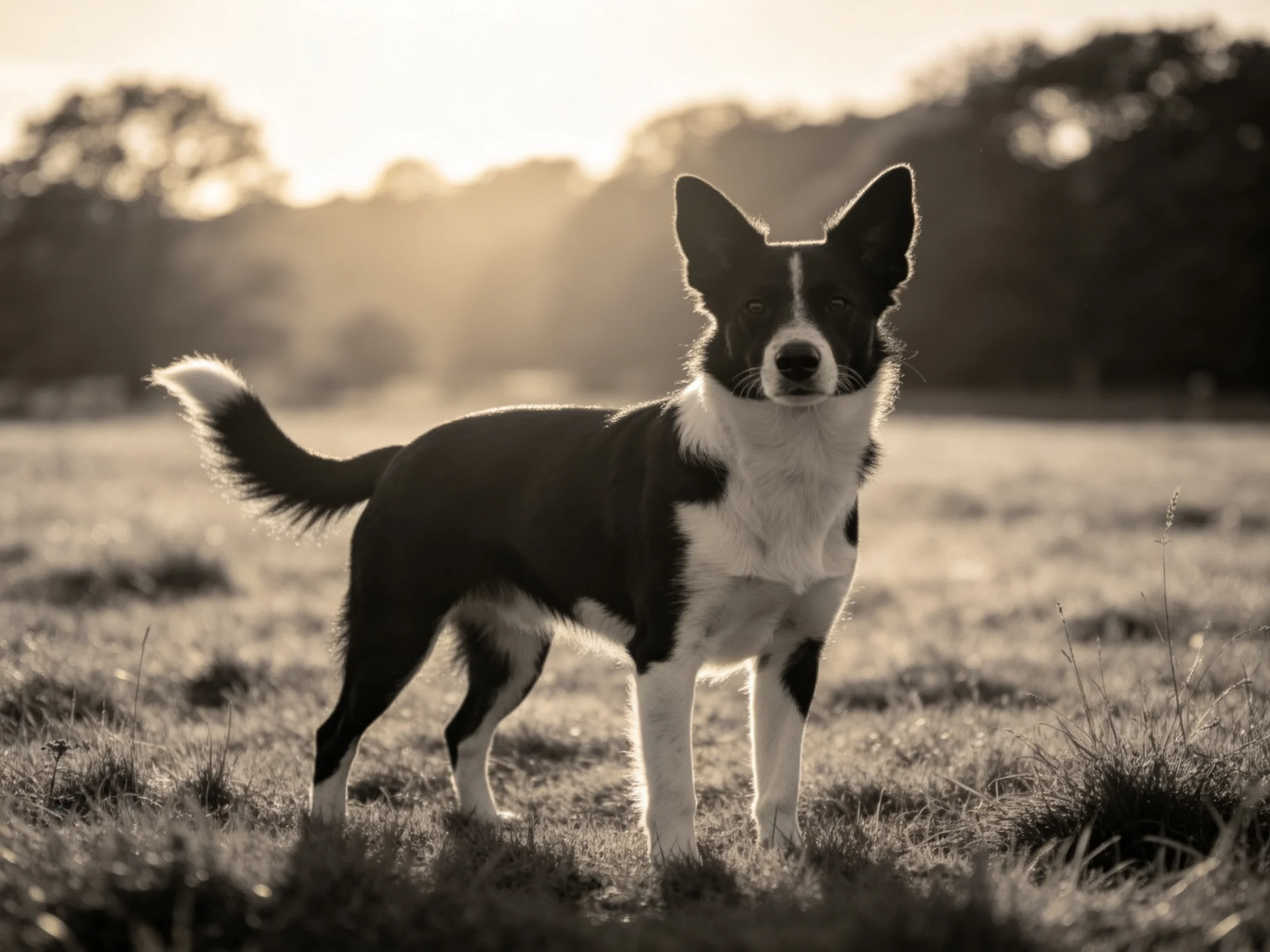 A black and white dog stands alert in a sunlit open field