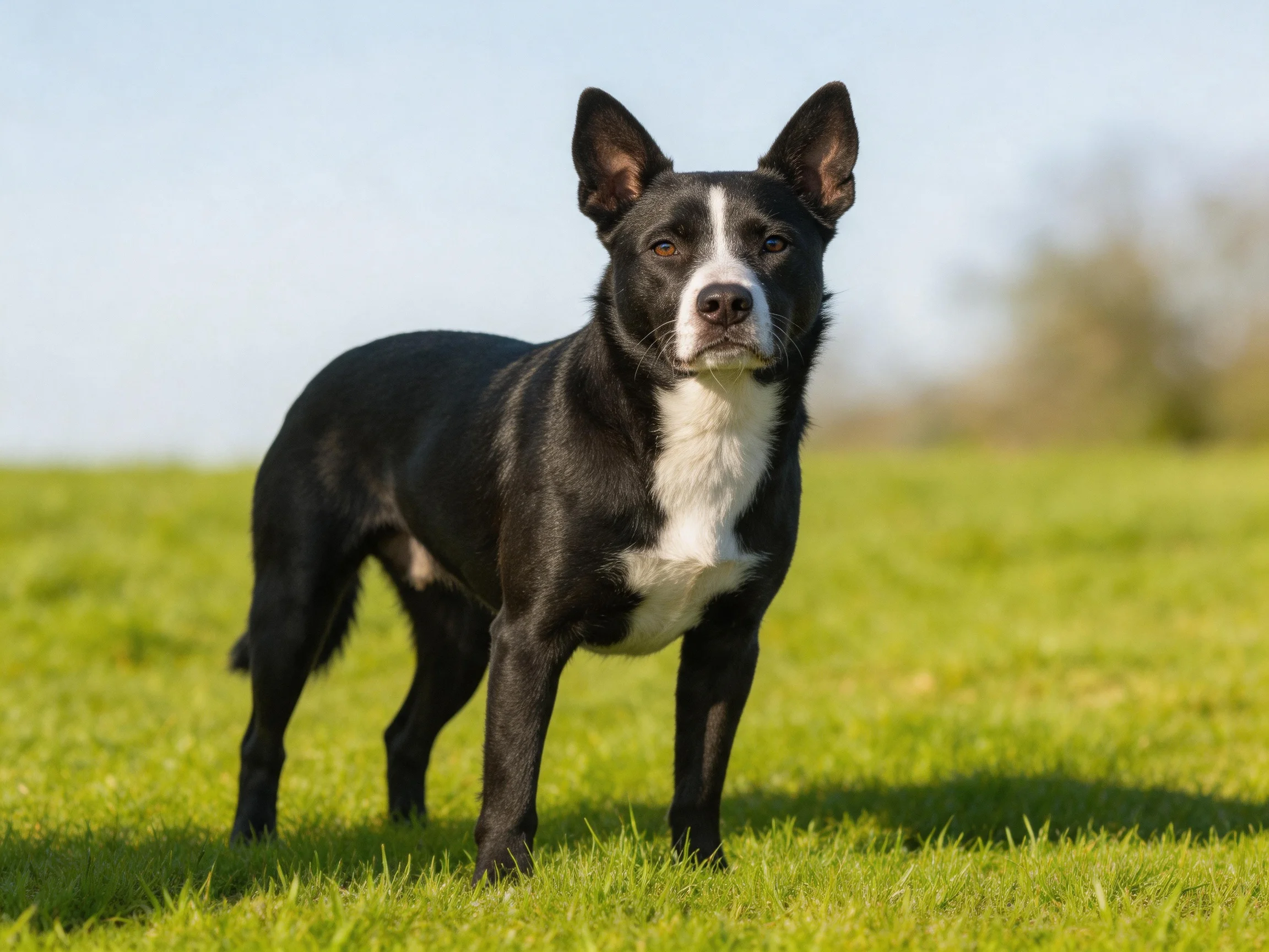 A black and white dog stands alert on a sunlit grassy field.