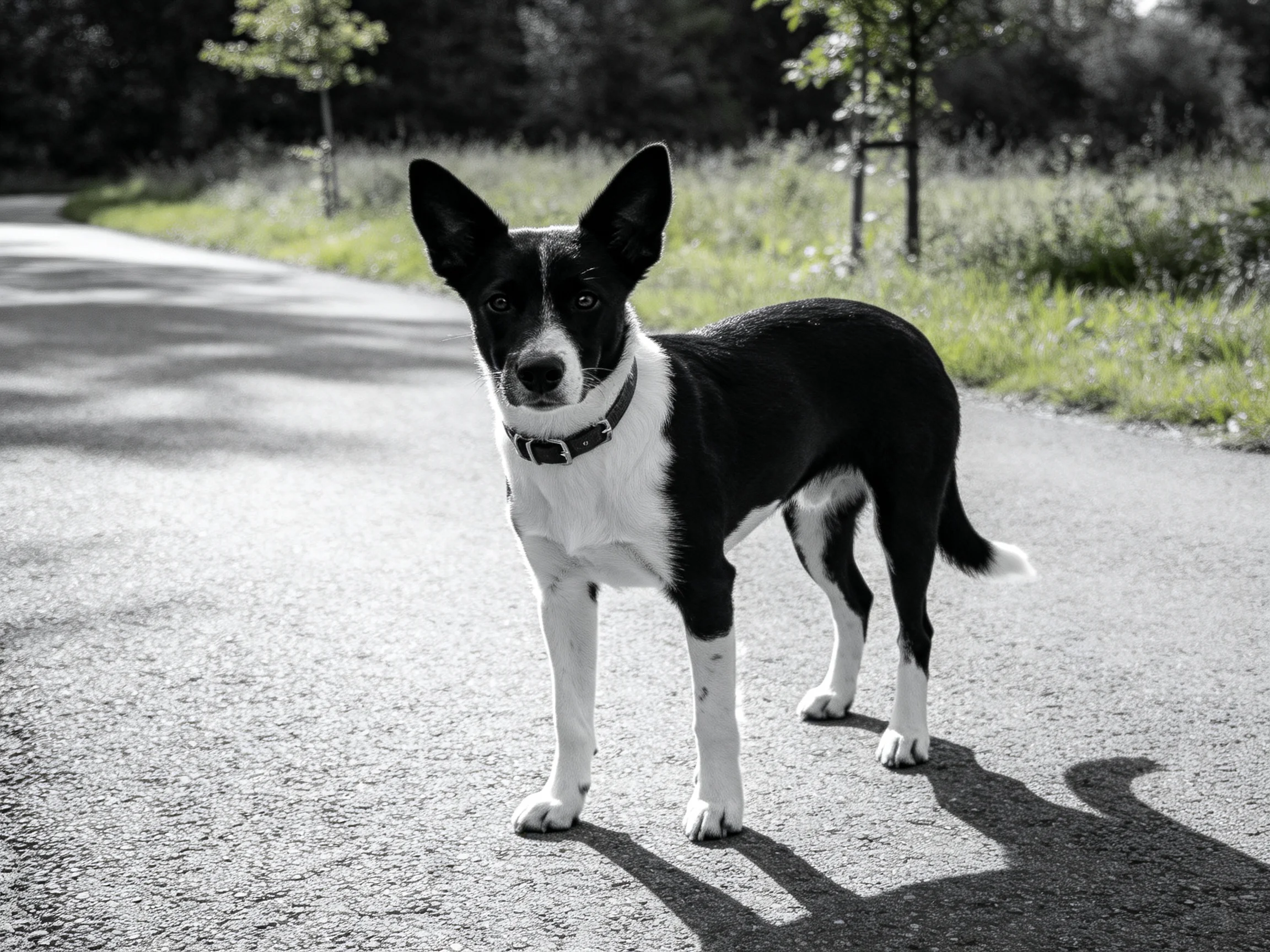 A black and white dog stands alert on a sunlit paved path
