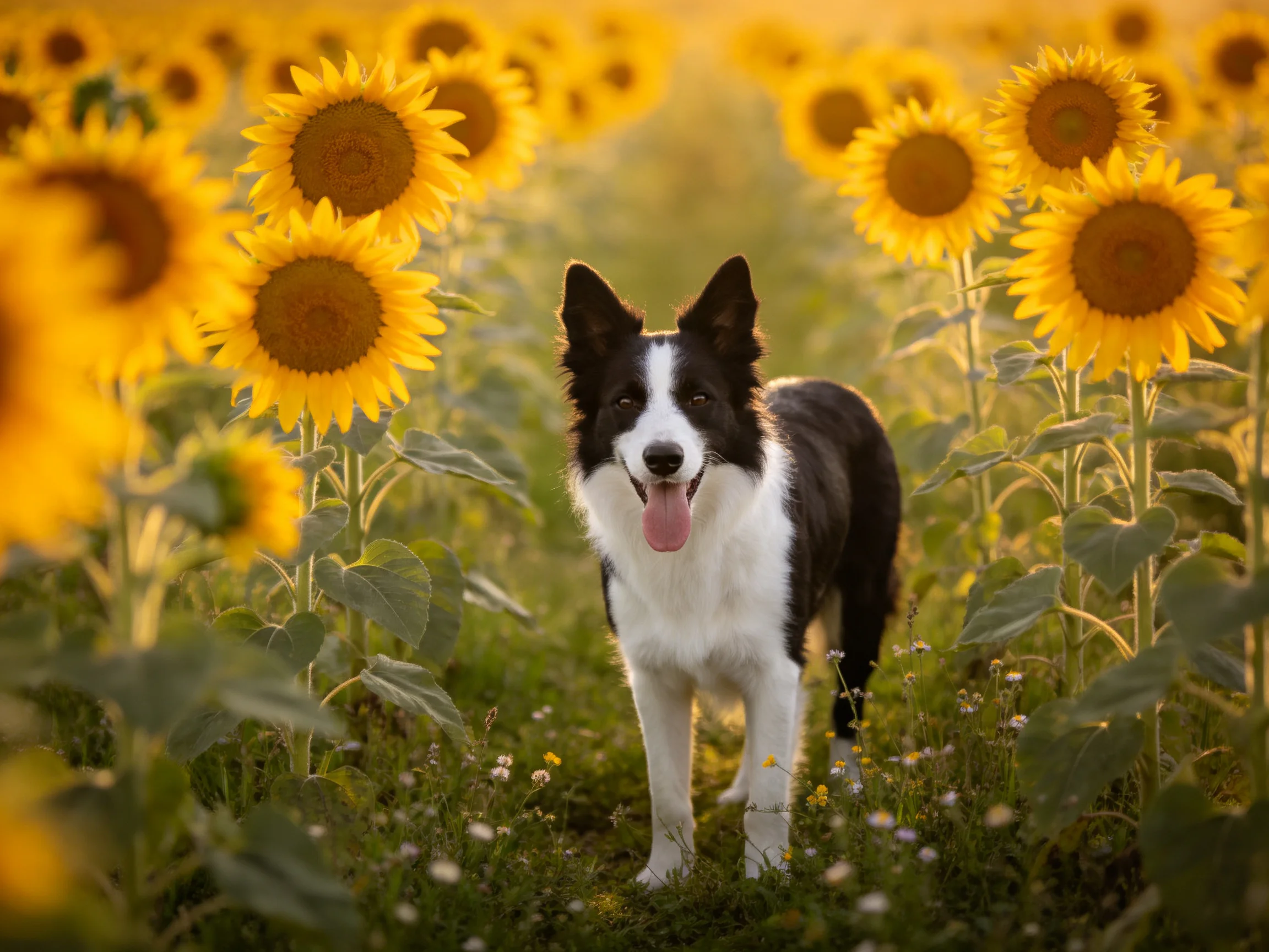 A black-and-white dog stands among bright yellow sunflowers