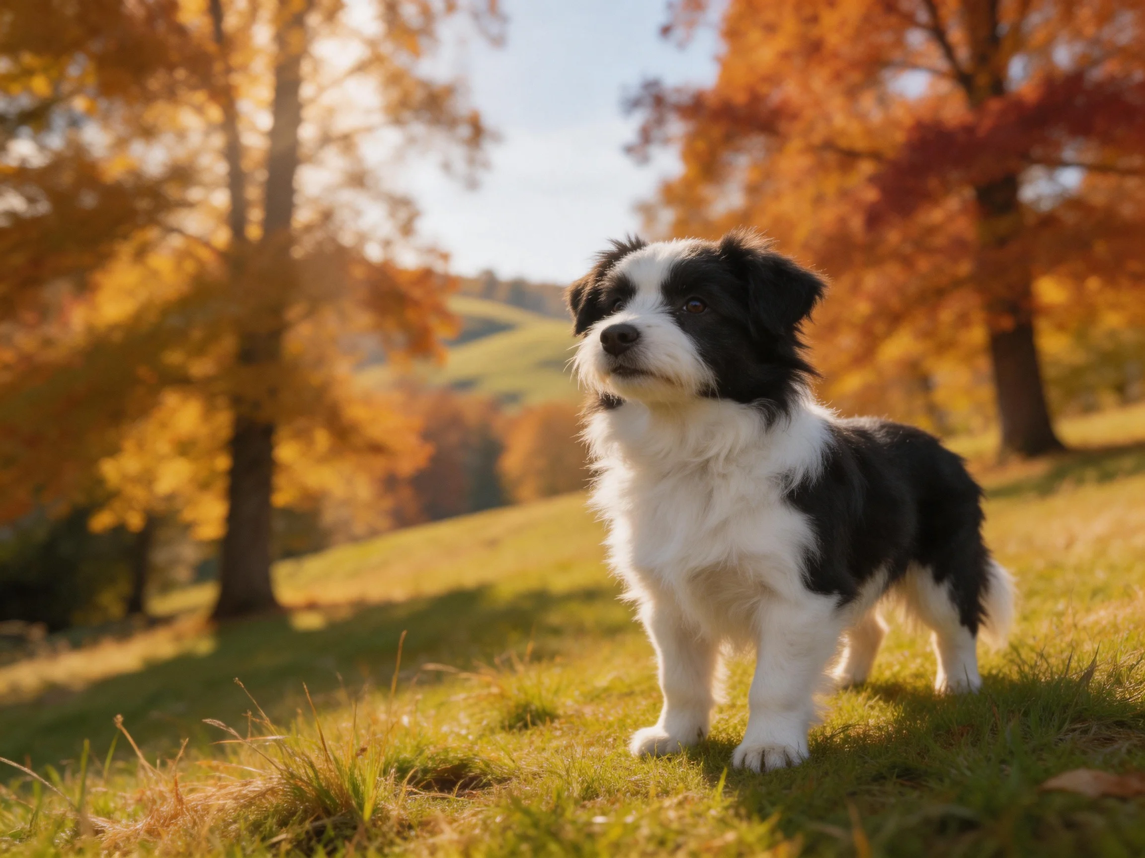 A black-and-white dog stands among vibrant autumn trees on a sunlit meadow.