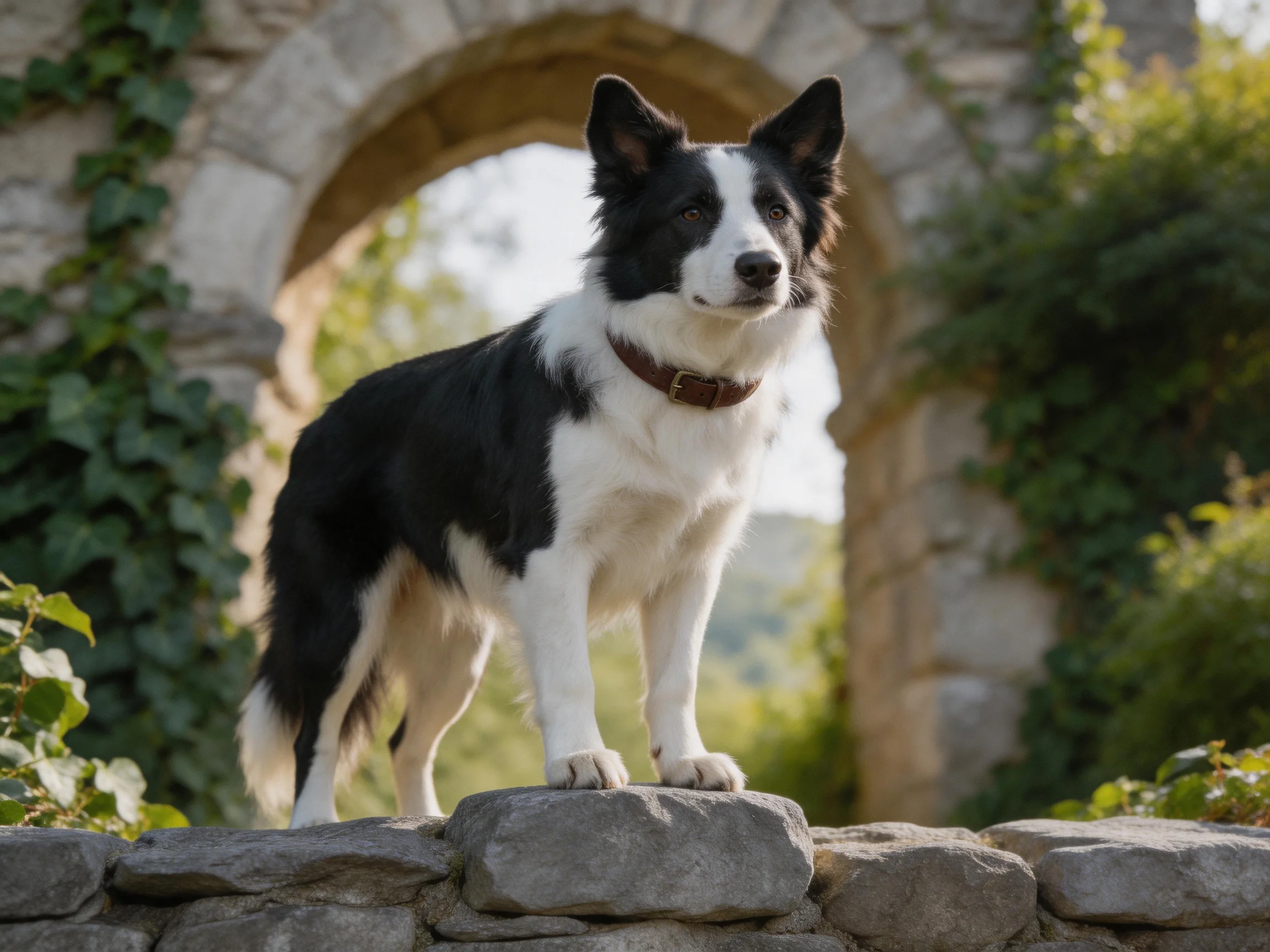 A black-and-white dog stands on a stone wall next to an old stone archway.