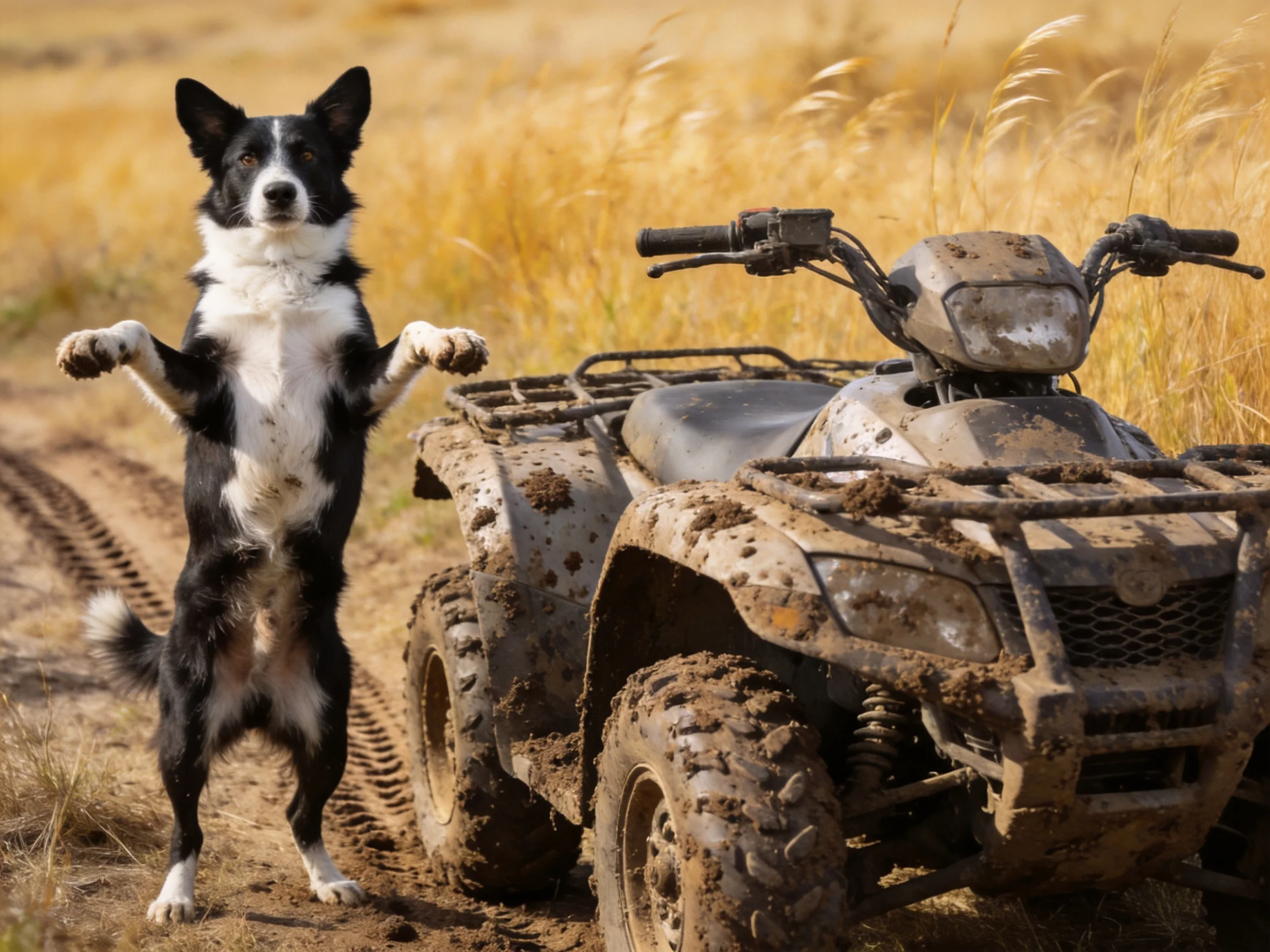 A black-and-white dog stands beside a mud-coated ATV in a golden field.
