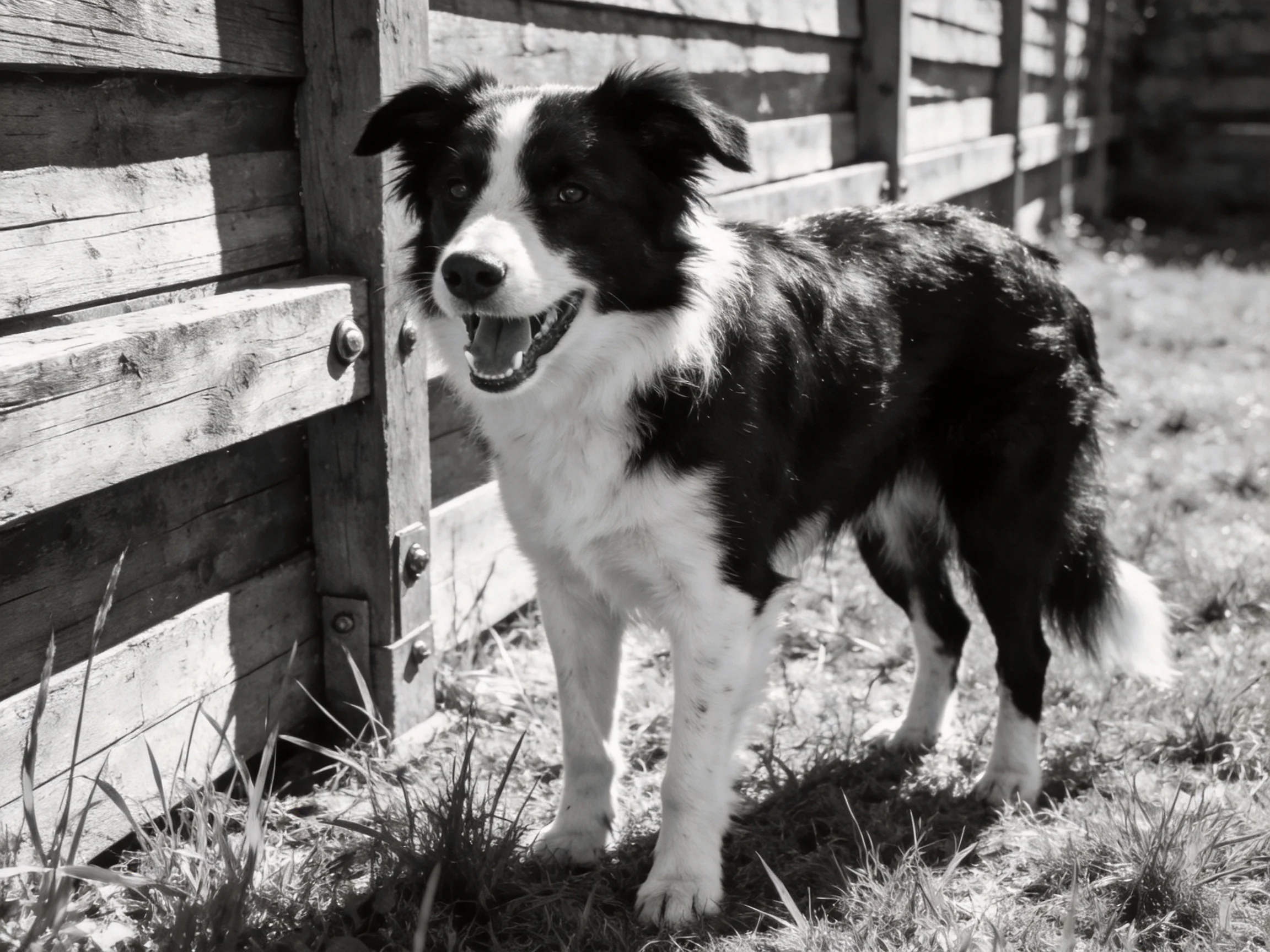 A black and white dog stands beside an aged wooden fence outdoors