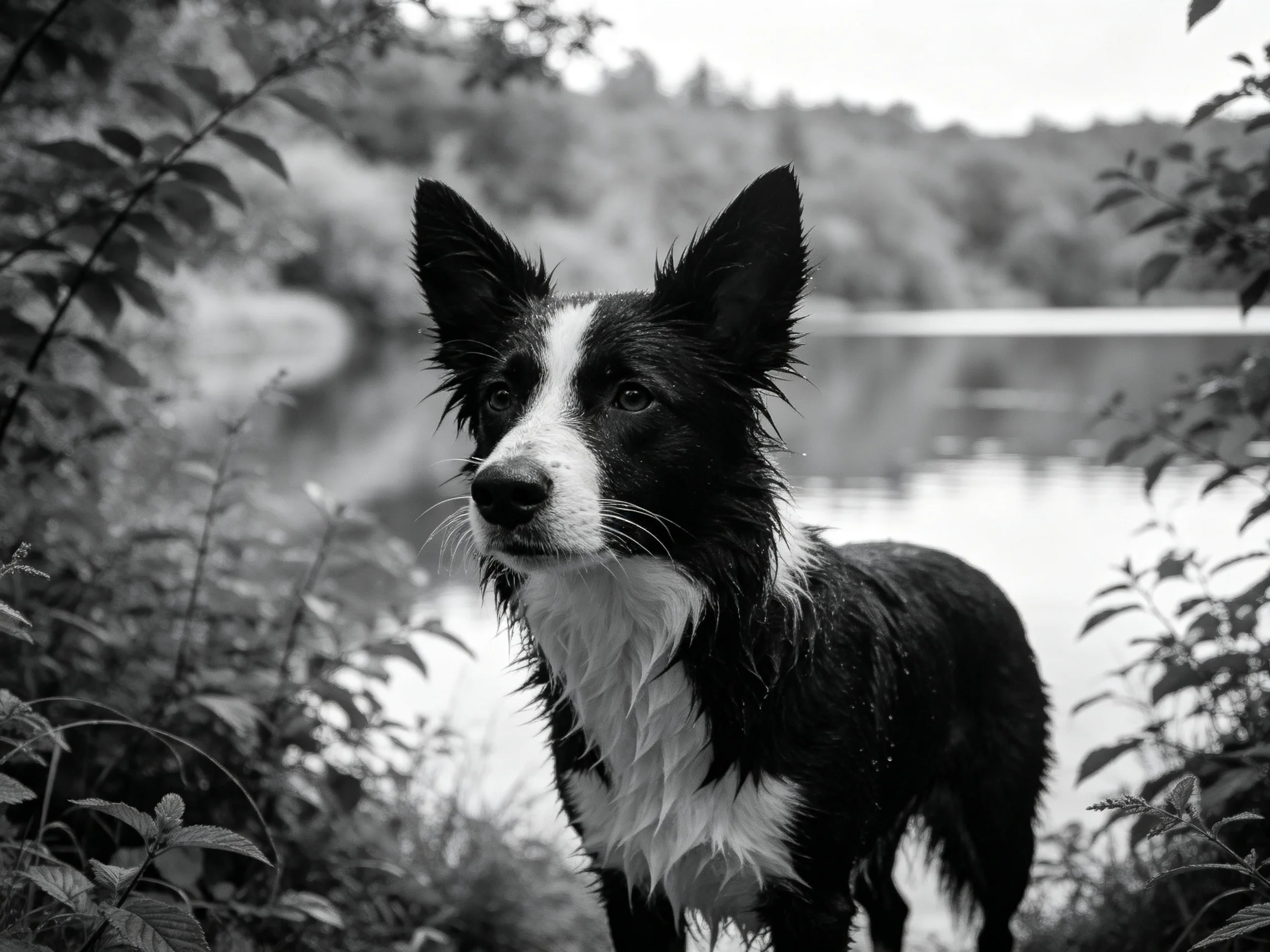 A black and white dog stands near a calm river with surrounding foliage.