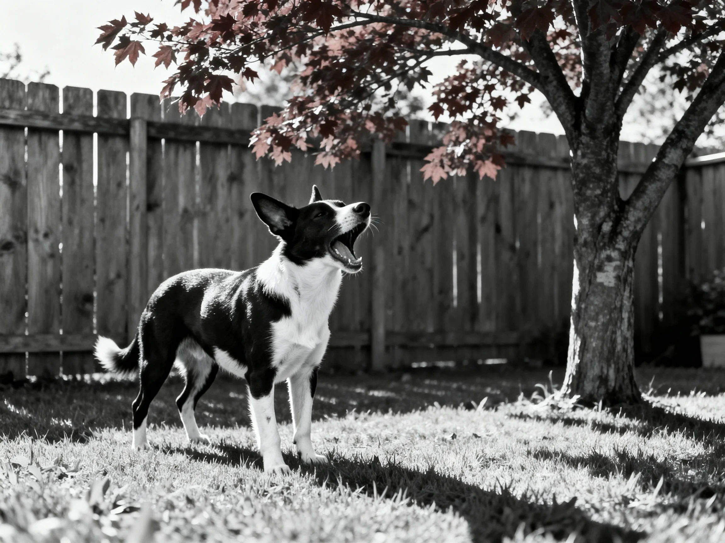 A black and white dog barks in a fenced backyard with a tree nearby.