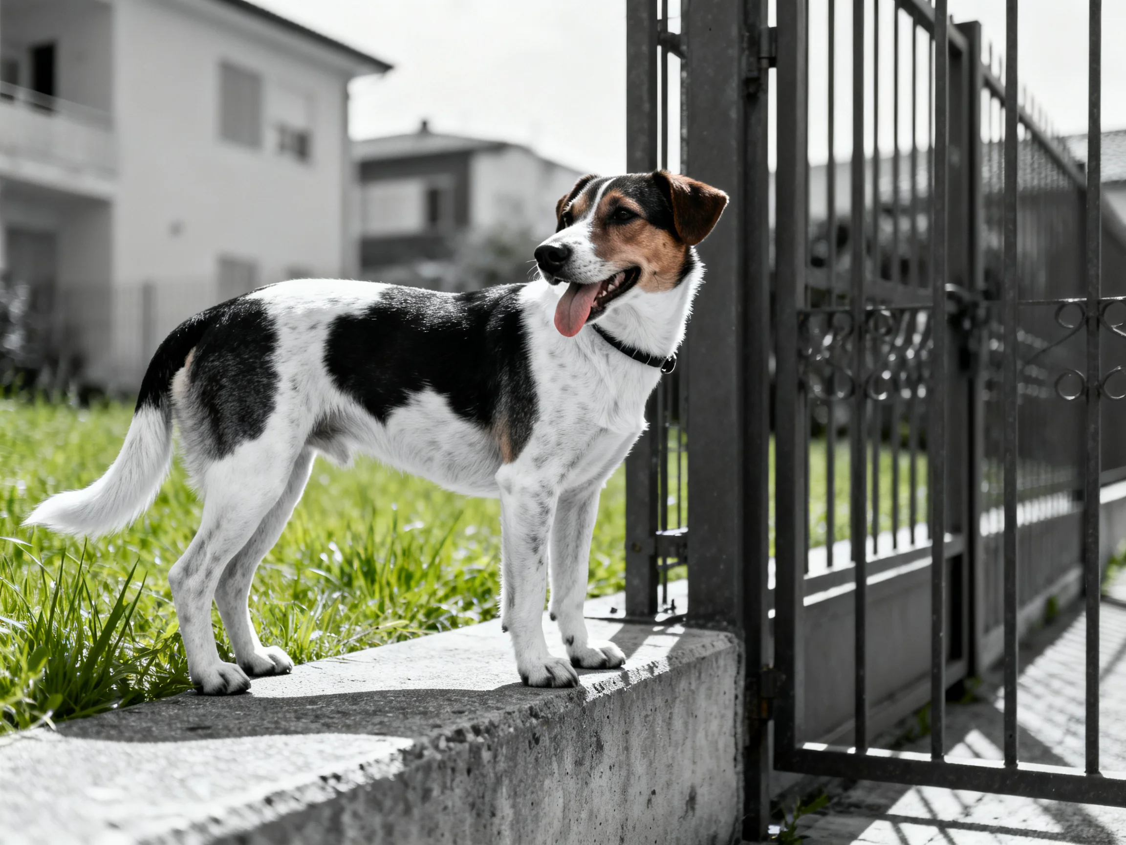 A black-and-white dog stands by an iron gate in a residential area.