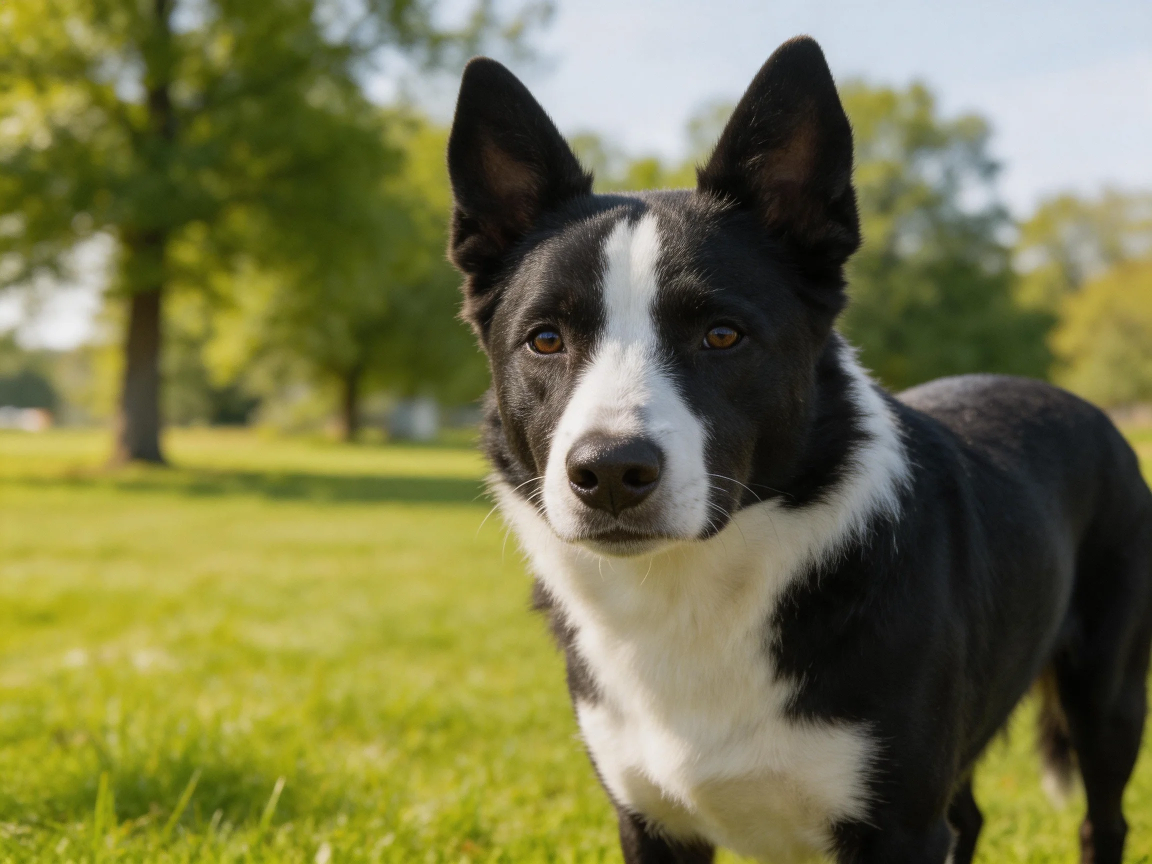 A black and white dog gazes directly at the camera in a sunlit park setting