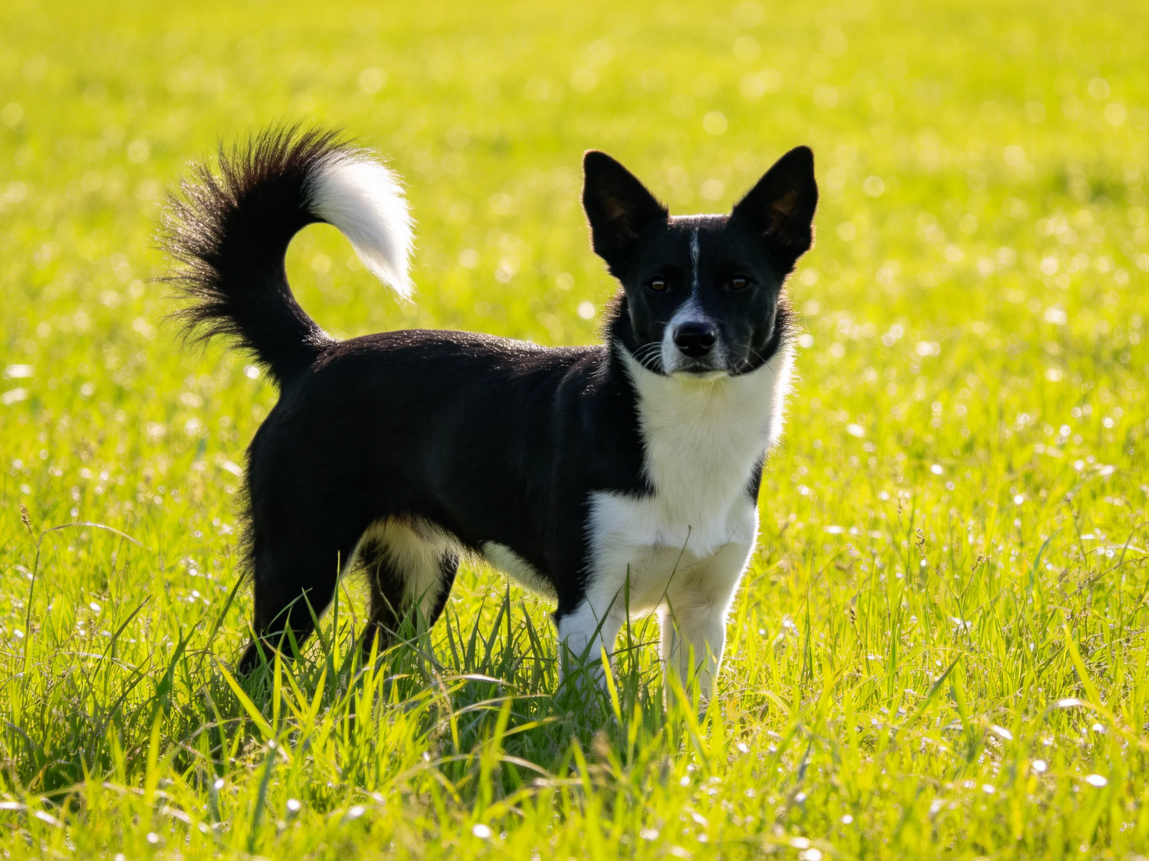A black and white dog stands alert in a sunlit grassy area.