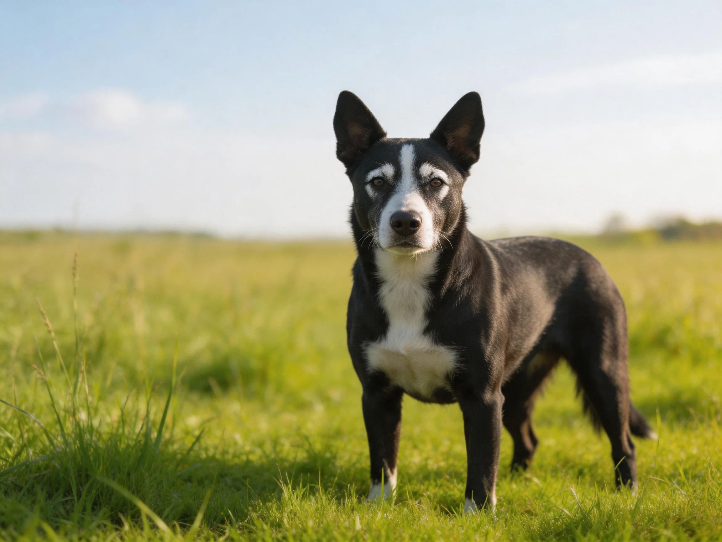 A black and white dog stands in a sunlit meadow